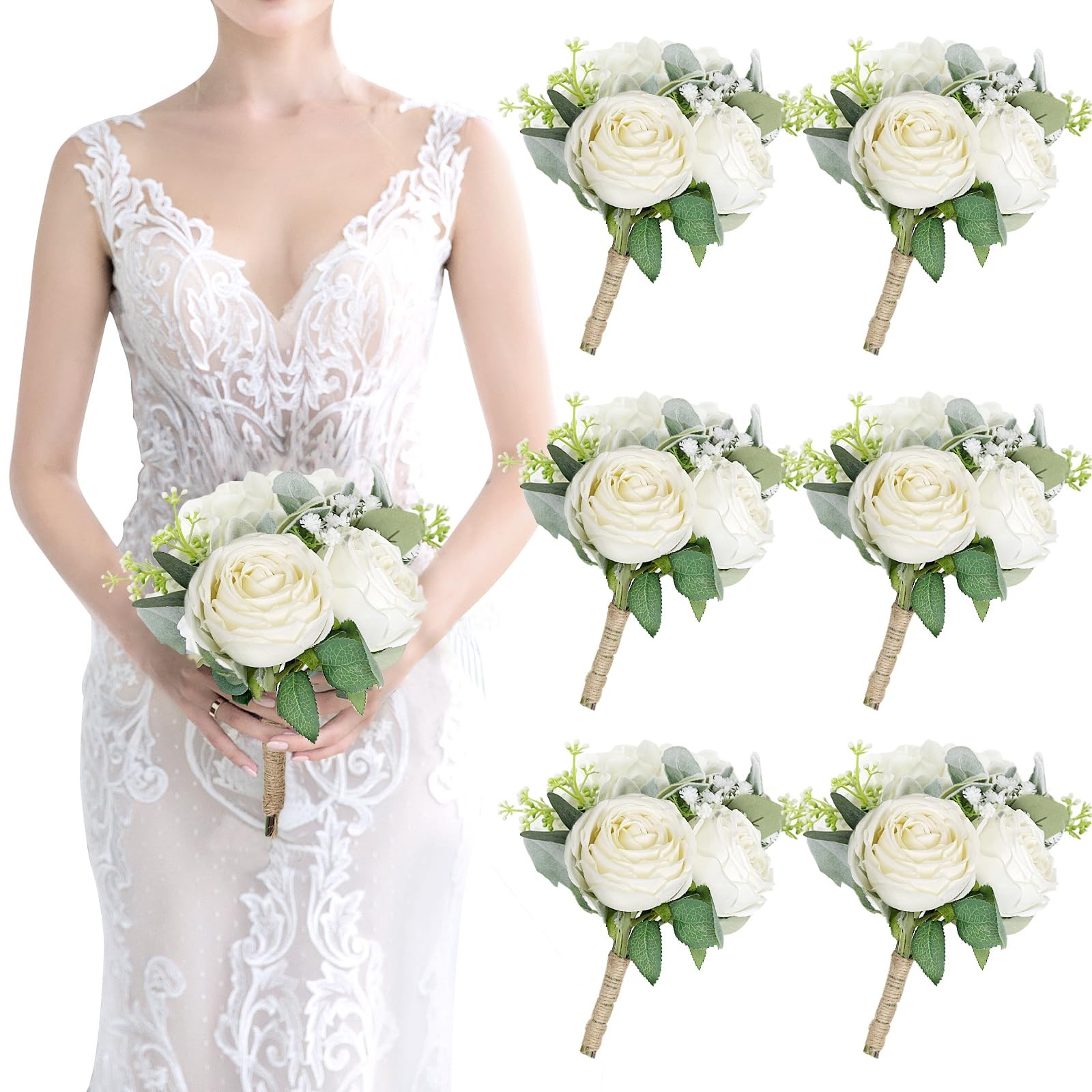 Bridesmaid Bouquets Set of 6 – Ivory White Artificial Flowers Bouquet for Bri…