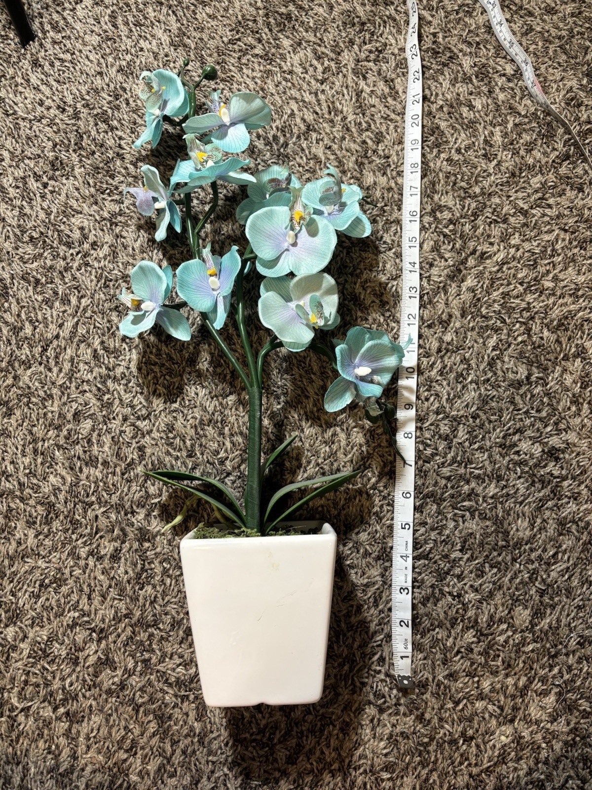 Artificial Orchid Plant in White Ceramic Pot – 23” Tall – Teal Blue Flowers