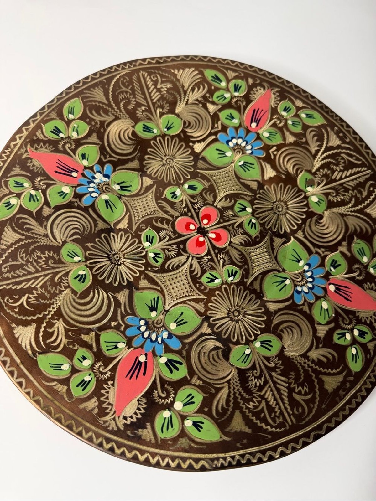 Vintage Turkish Hand Painted Copper Wall Plate 11.5″ Boho Floral Narol Decor