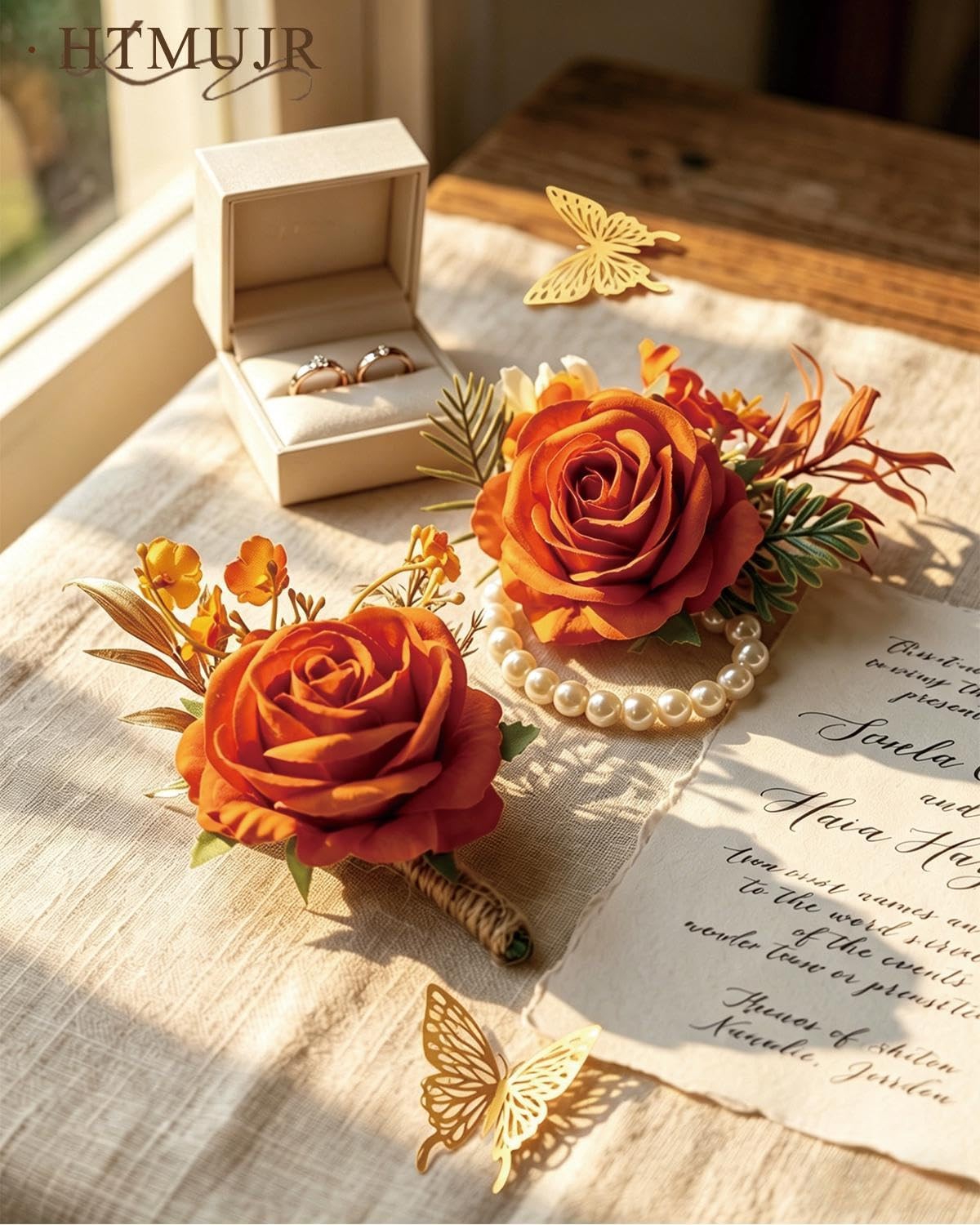 2 PCS Orange Rose Corsage Wristlet And Men Boutonniere Wedding Prom