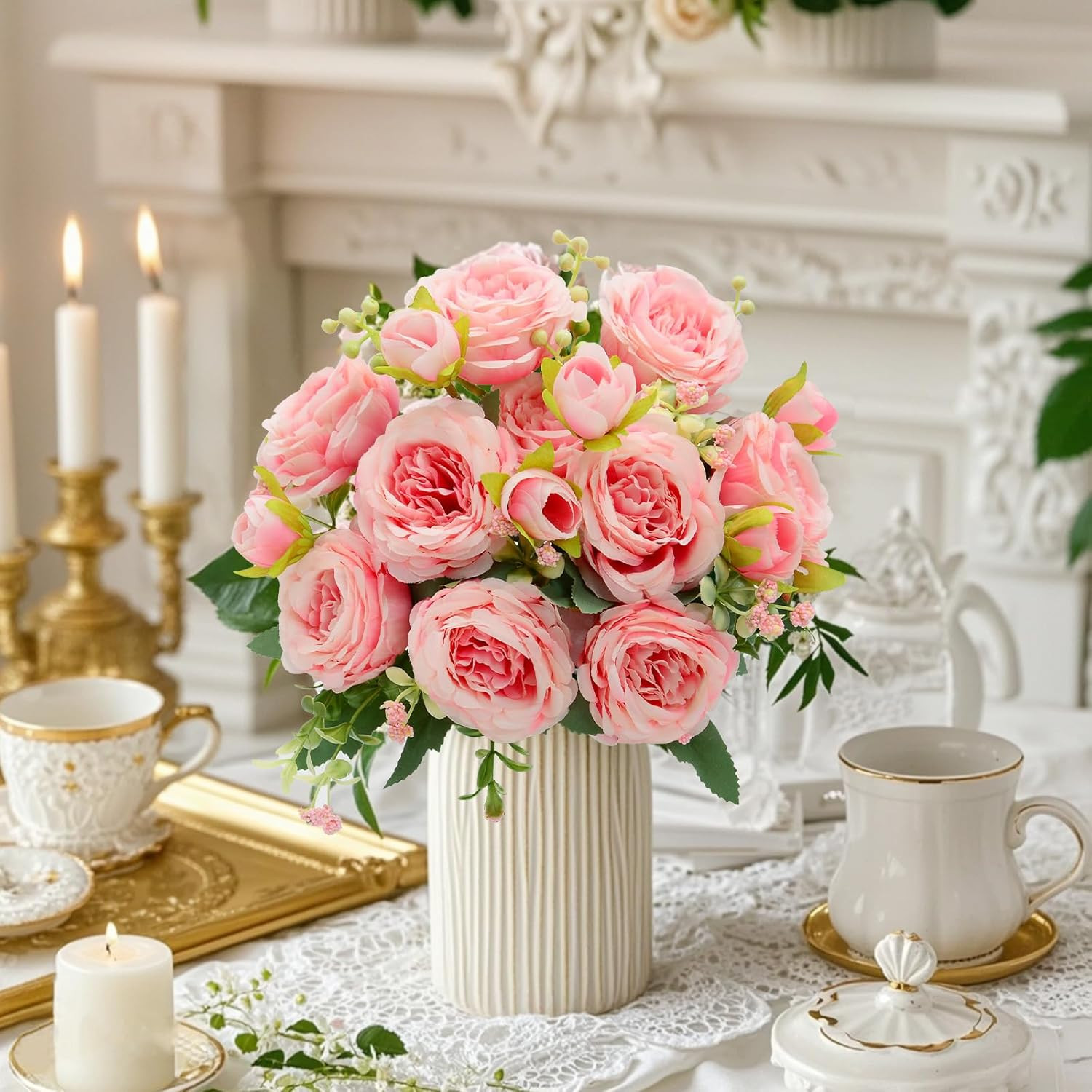 2 Pack Artificial Flowers Bouquet, 10 Pcs Austin Roses Silk Flowers Heads, Fake