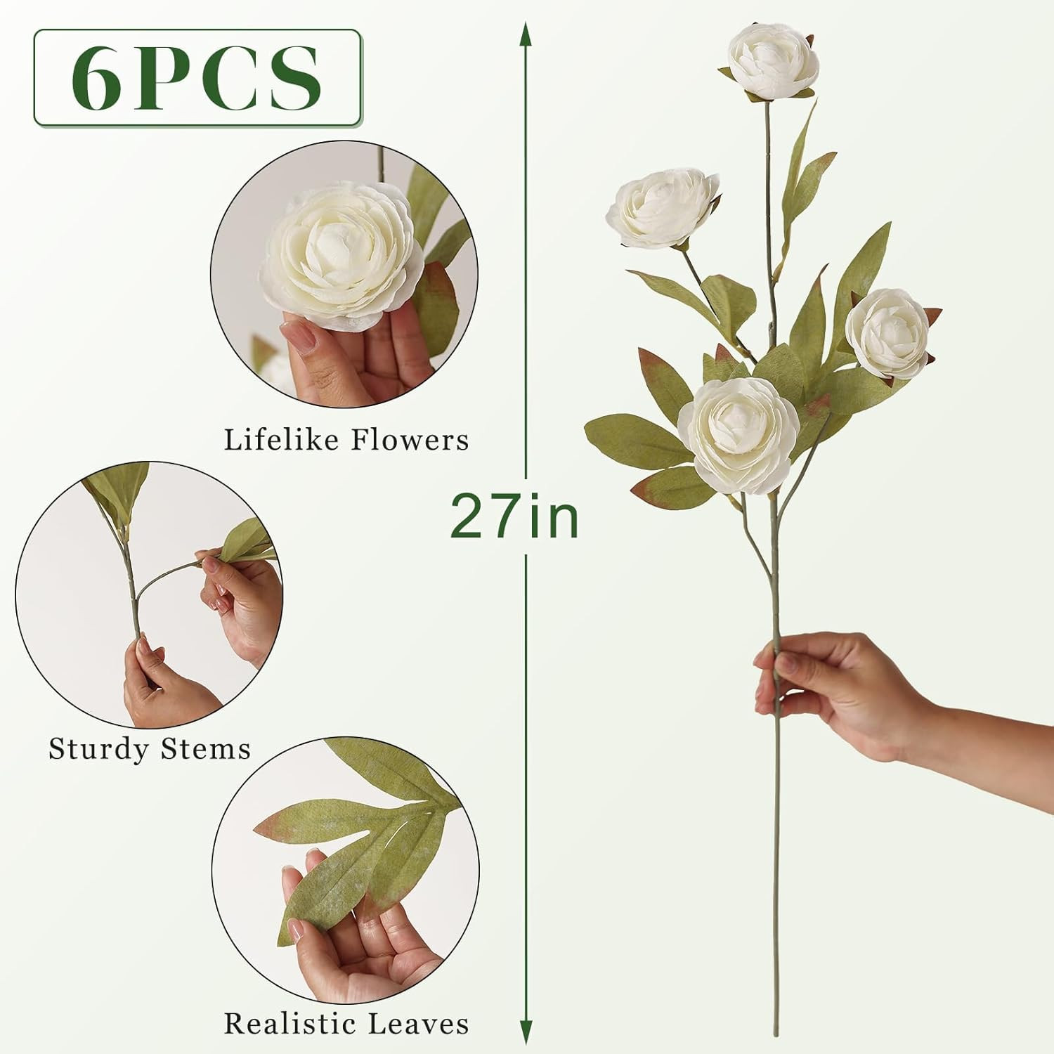 6 PCS Realistic Cream Ranunculus Stems for Home Decor & Centerpieces