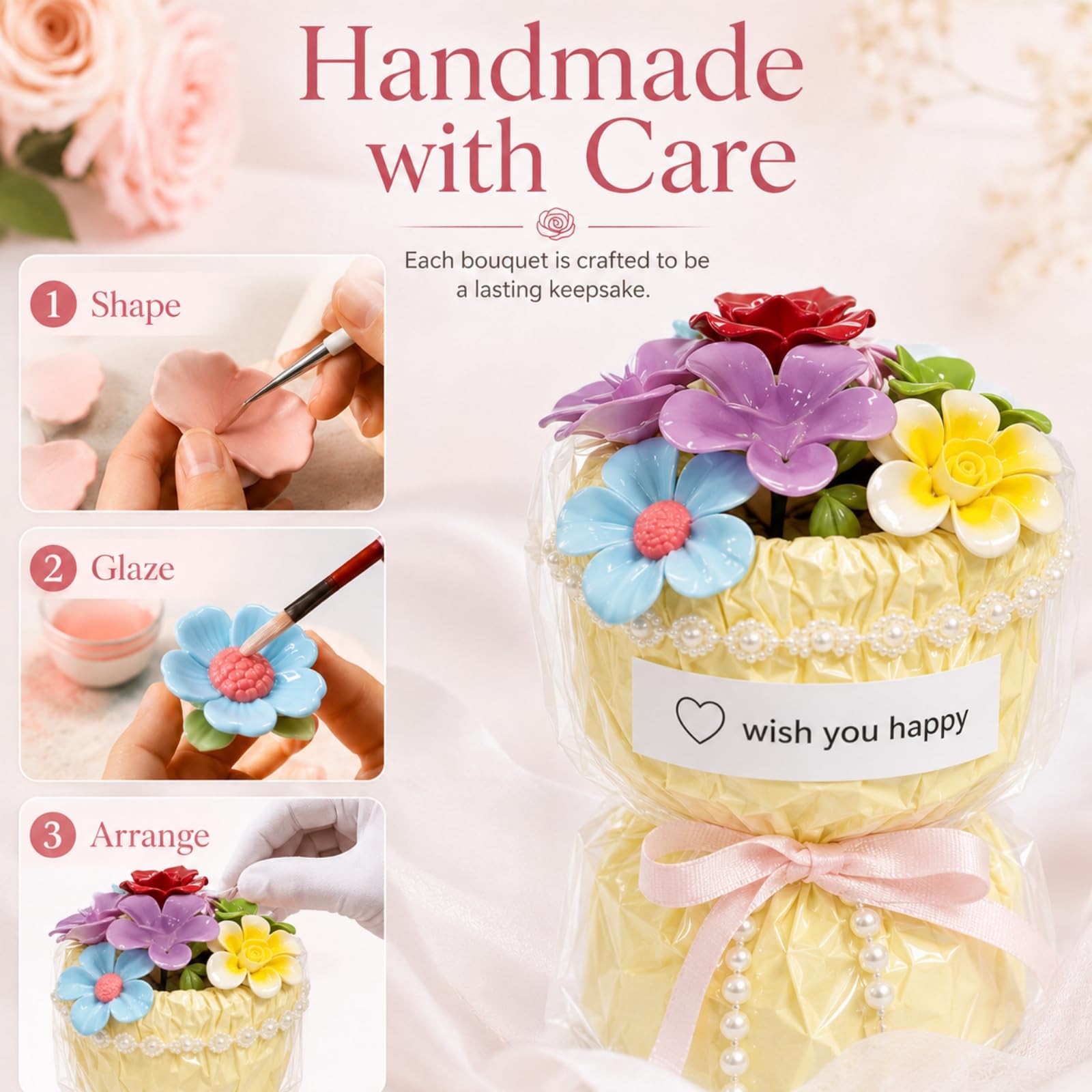 Porcelain Flower Bouquet – Handmade Ceramic Flowers Floral Arrangement, 6 Uni…