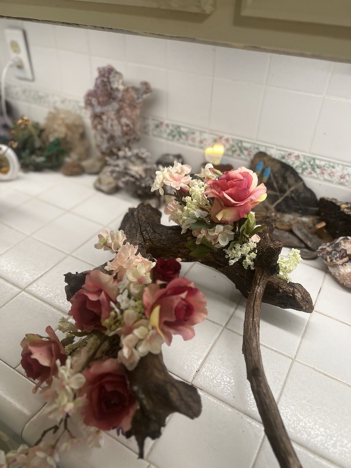 ORIGINAL FLORAL DESIGN WOOD BASE, ROSES, PEACH BLOSSOMS MOSSES BABY BREATH