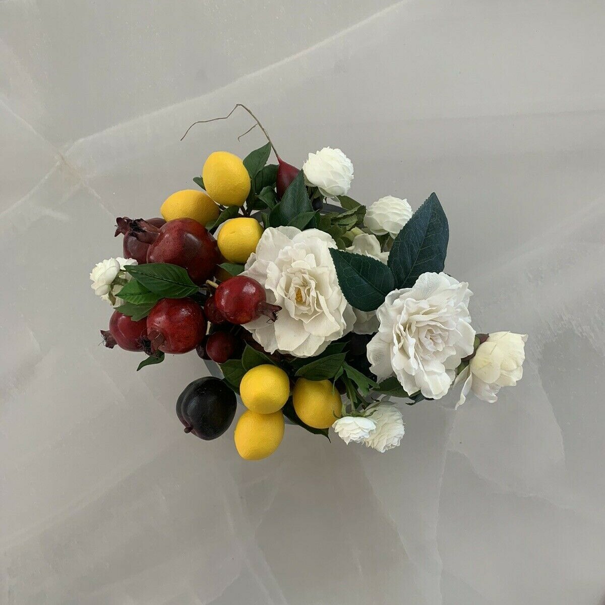 Pomegranate, Lemon, Grapes with Flower Centerpiece Arrangement with Clear Vase 