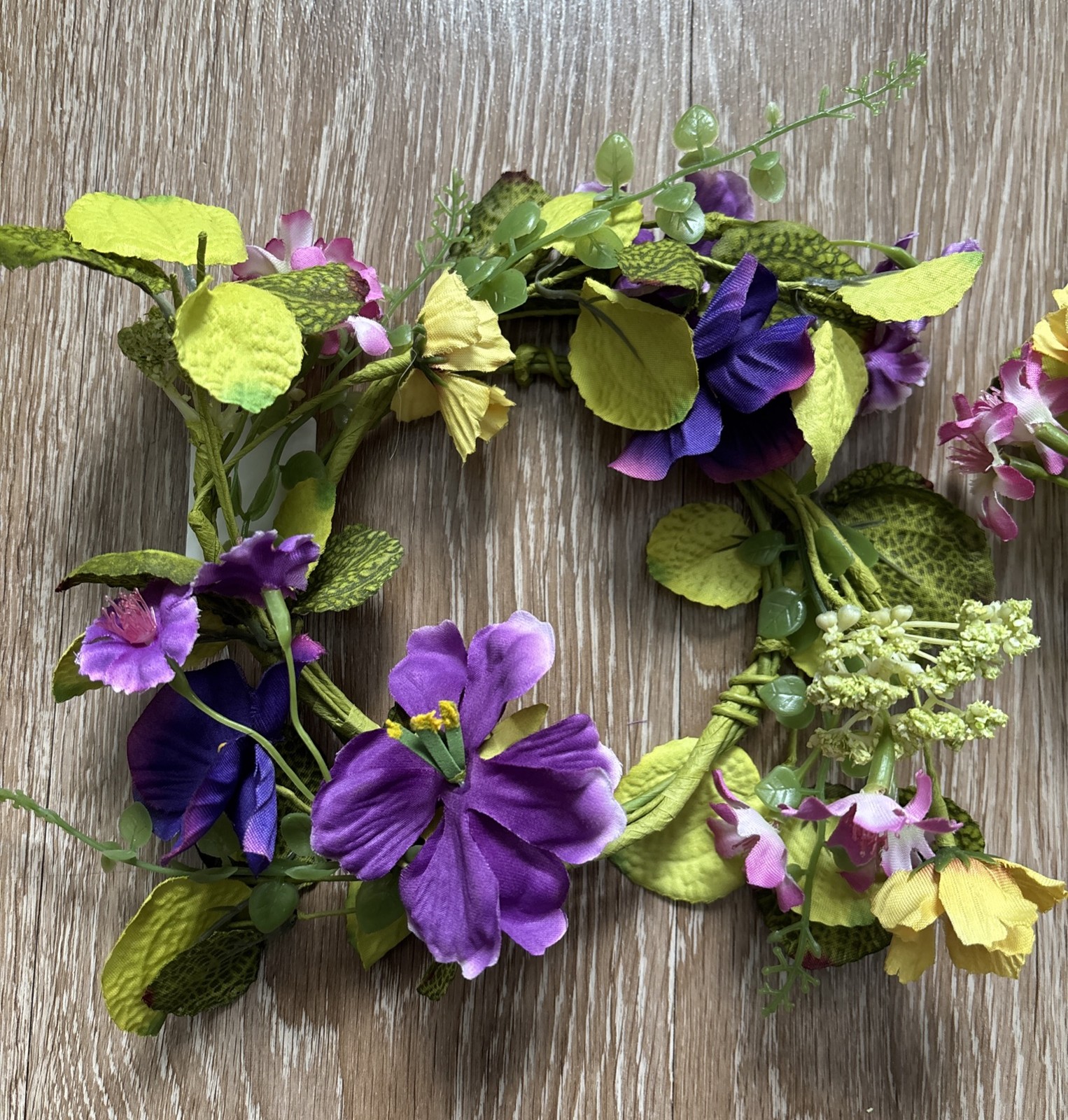 Set of 2 faux floral candle wreath/rings. Green/purple/pink/yellow, 4” ring