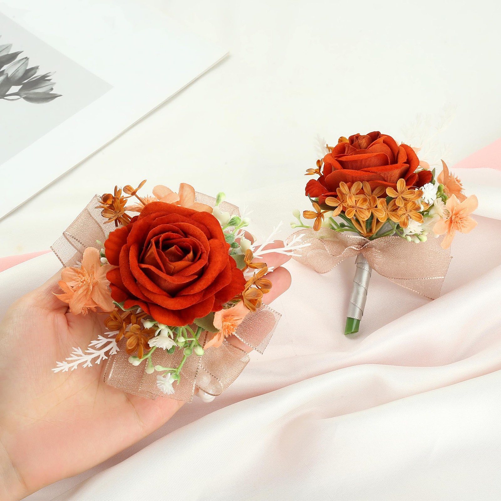 2pcs Orange Silk Artificial Flower Corsage Set, Wedding, Prom, Party Decor