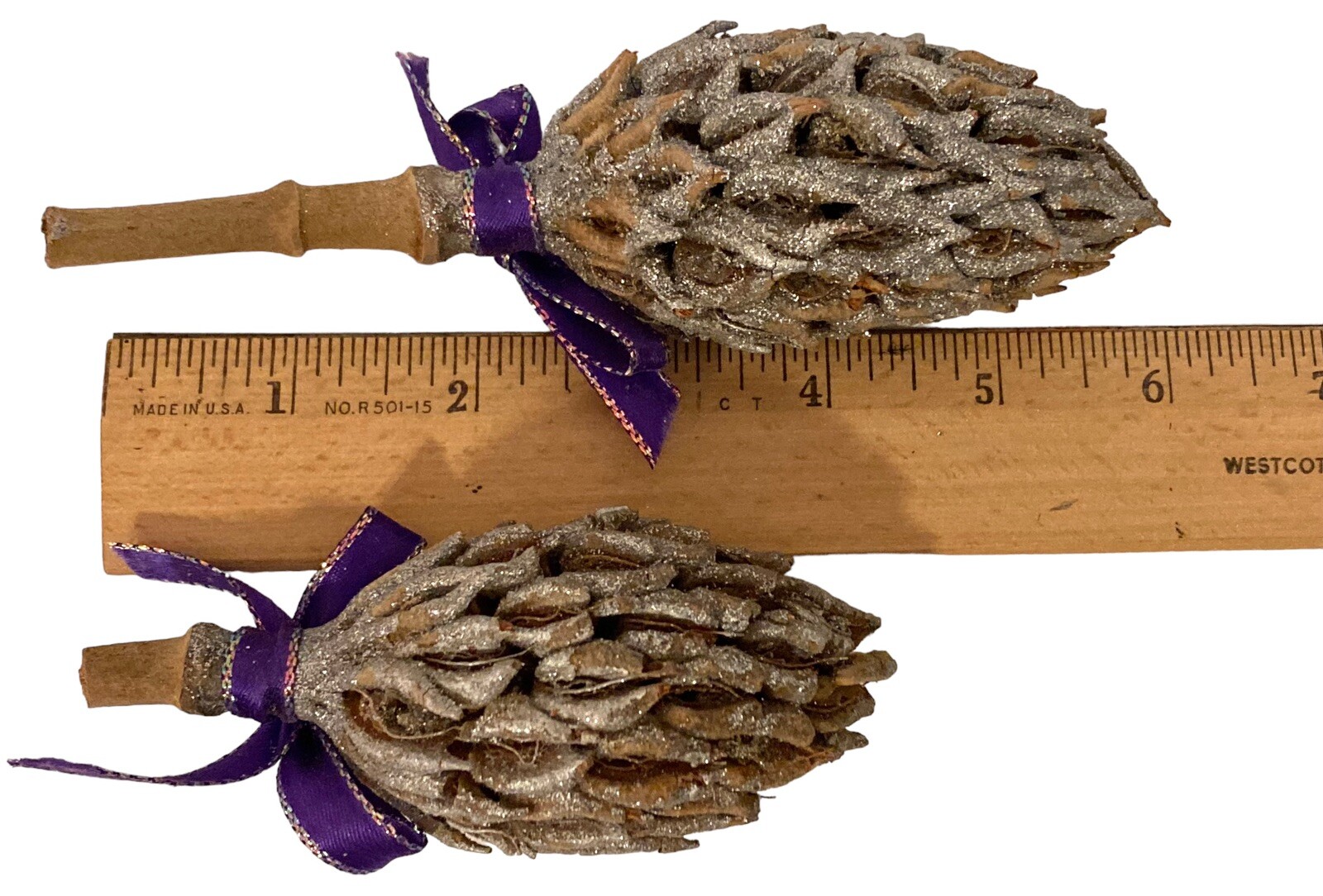13 Magnolia Seed Pods Decor Silver Glittered Purple Ribbon Bows