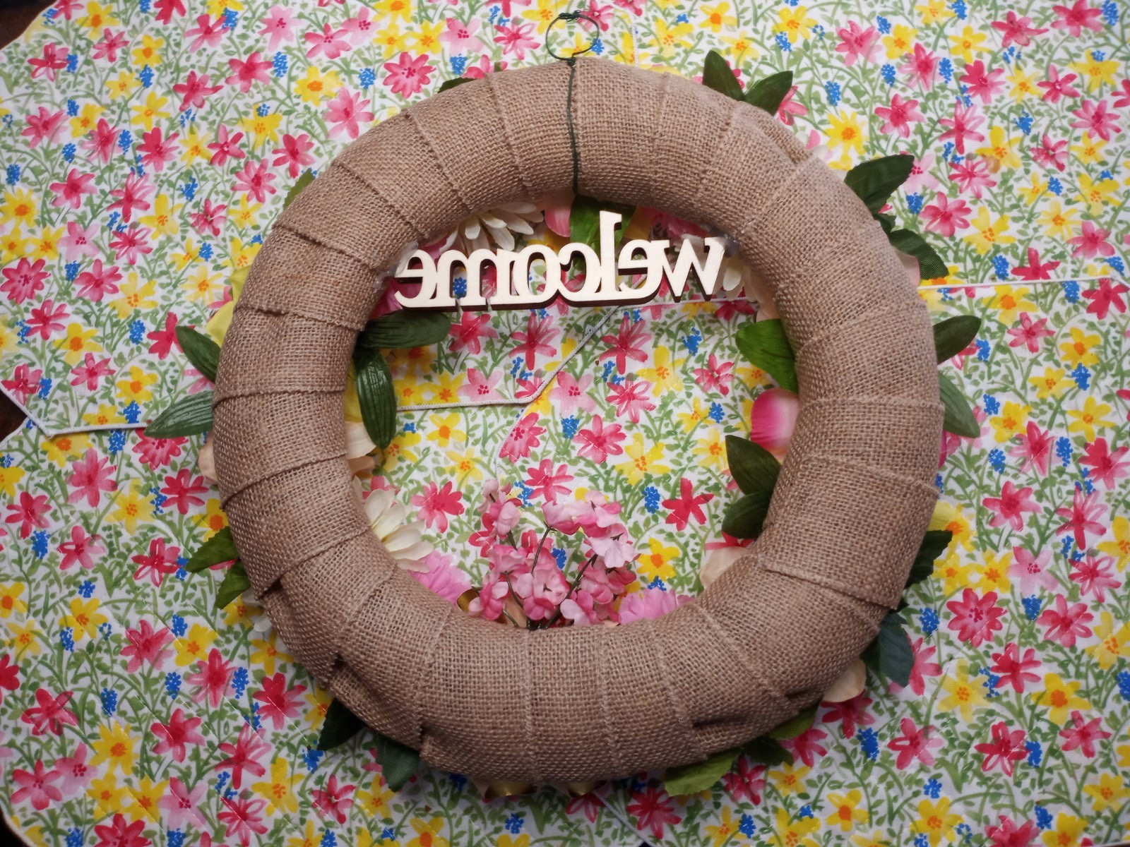 Homemade 14″ Artifical flower Spring Summer Welcome Floral Burlap Door Wreath