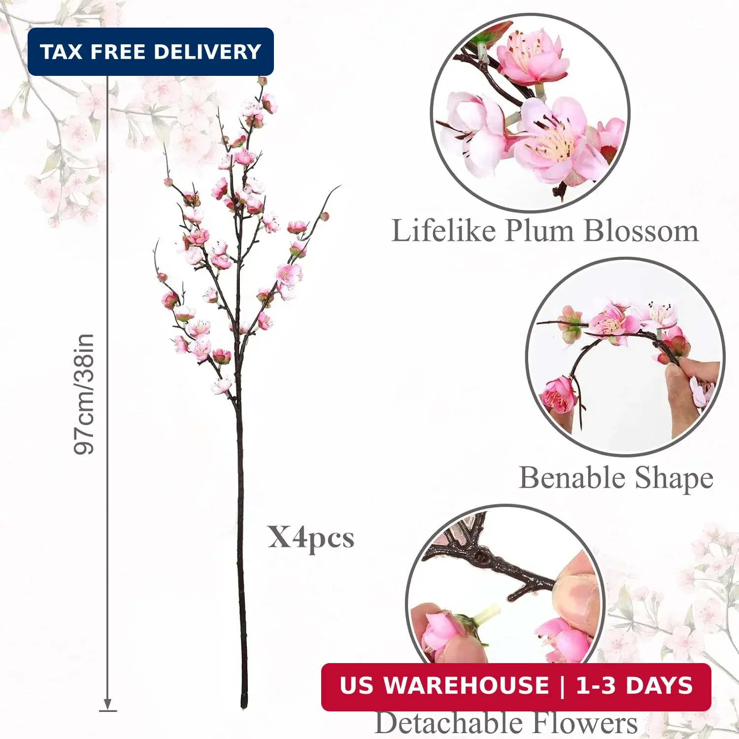 Betylifoy 4 Pcs Artificial Cherry Blossom Branches 38″ Long Stems Faux Plum Blos