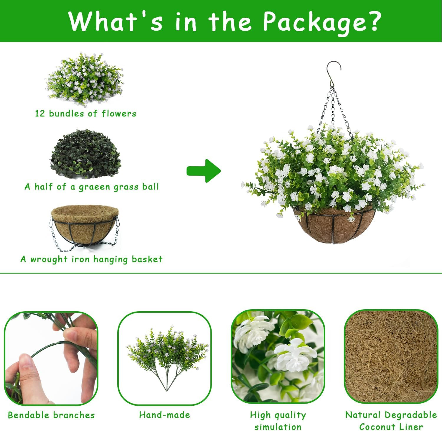 UV-Resistant Artificial Flower Basket – 12 Realistic Faux Plants for Decor