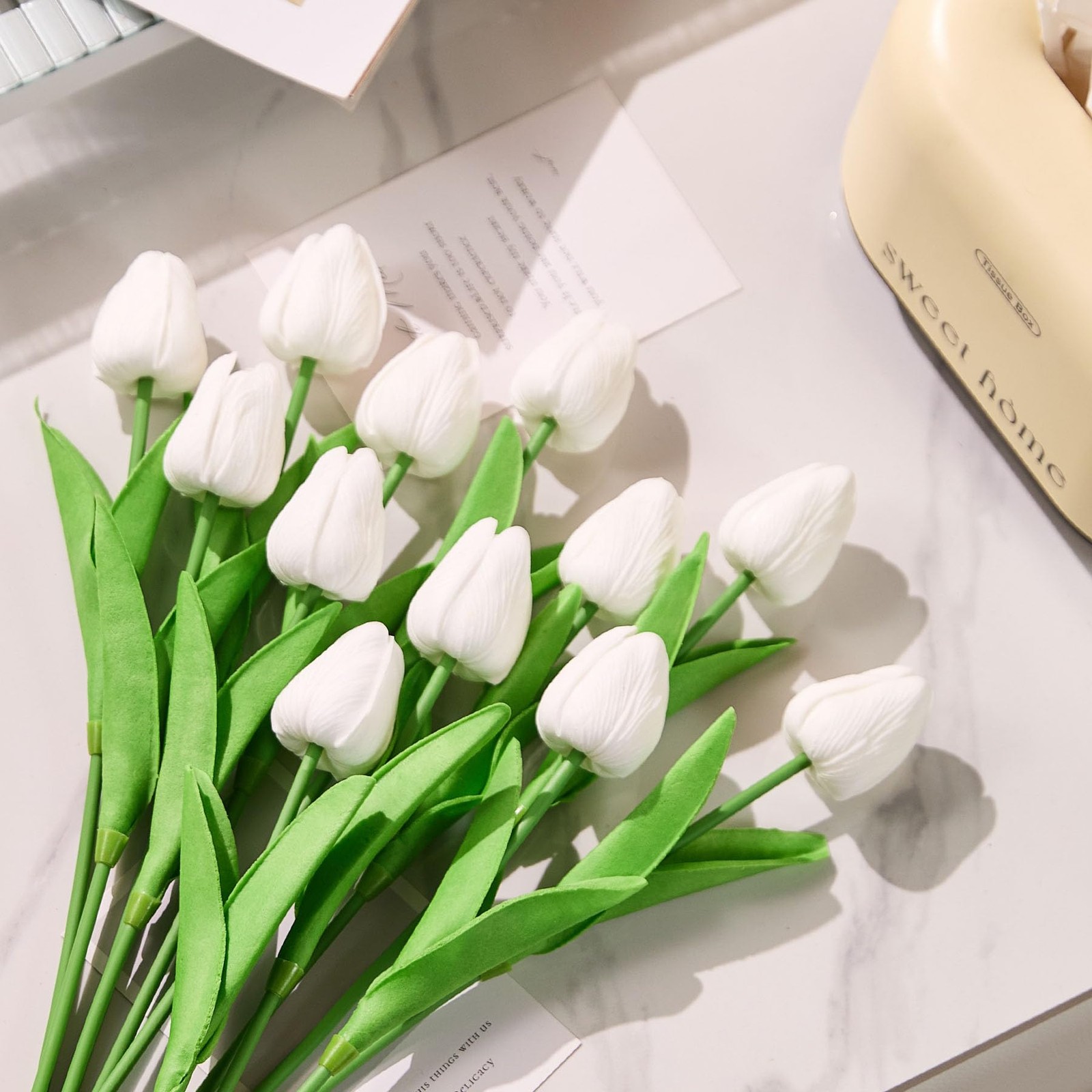 30 PCS 13 Inch White Tulips Artificial Flowers Real Touch Silk Home Wedding