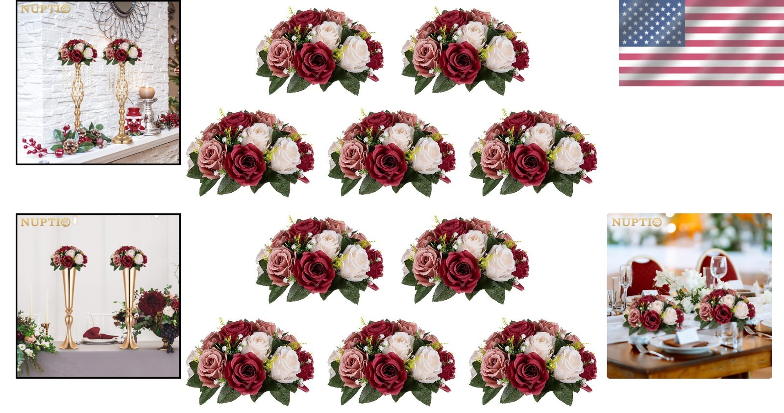 Faux Silk Rose Balls Set – 10 Pcs Burgundy & White