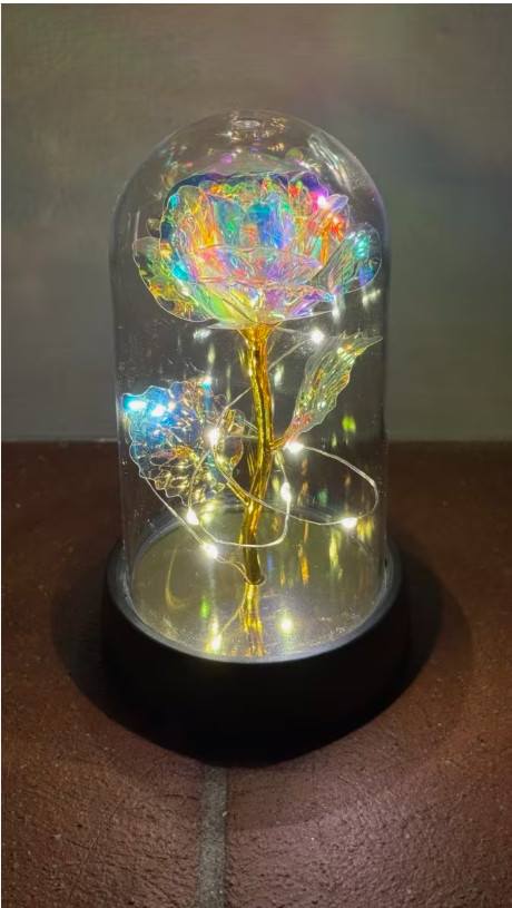 LED Light‑Up Rose in Clear Dome – Gold Stem – 15cm – Battery Powered – New