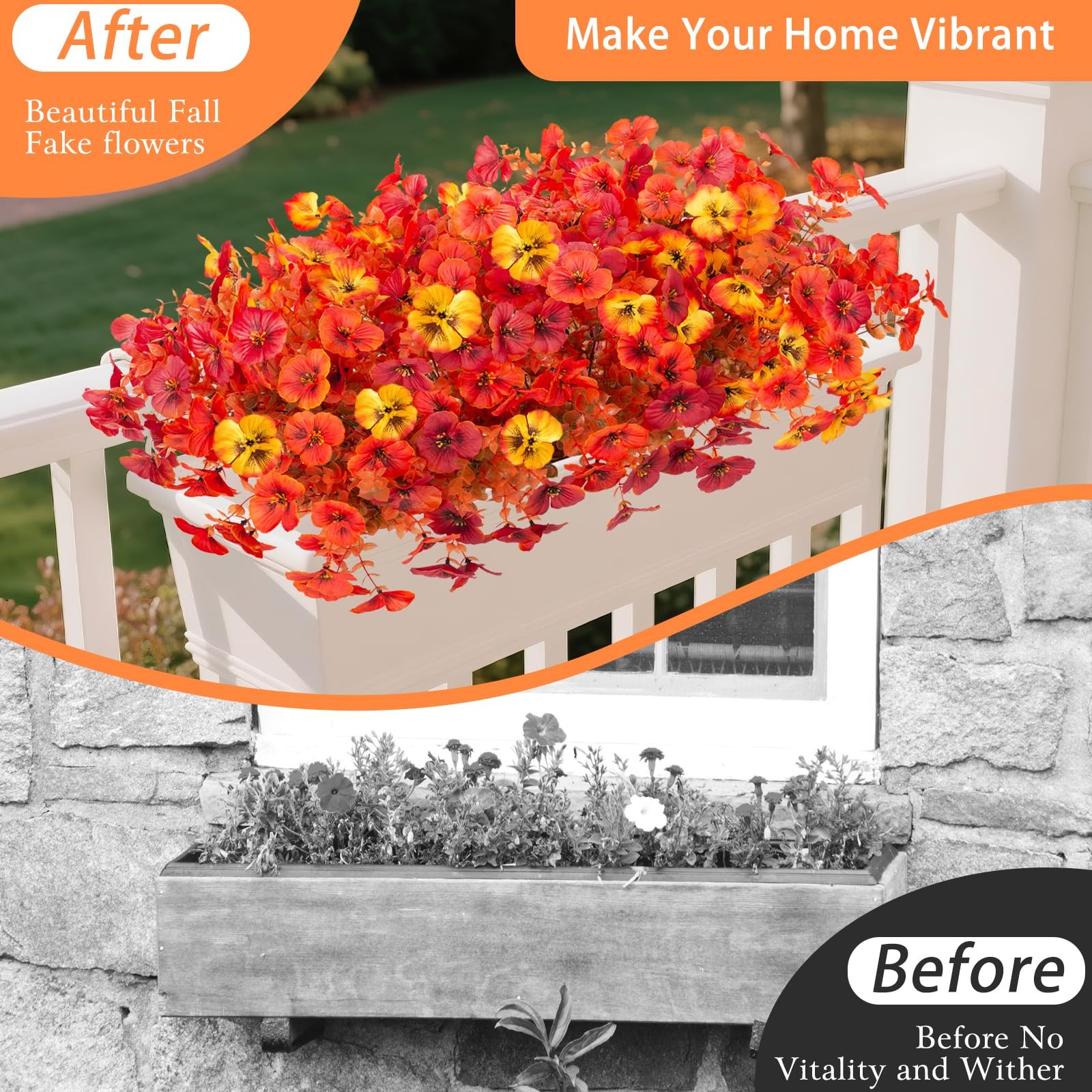 INQCMY Artificial Fall Flowers Faux Pansies Mums 12 Bundle 14″ Red Orange Yellow