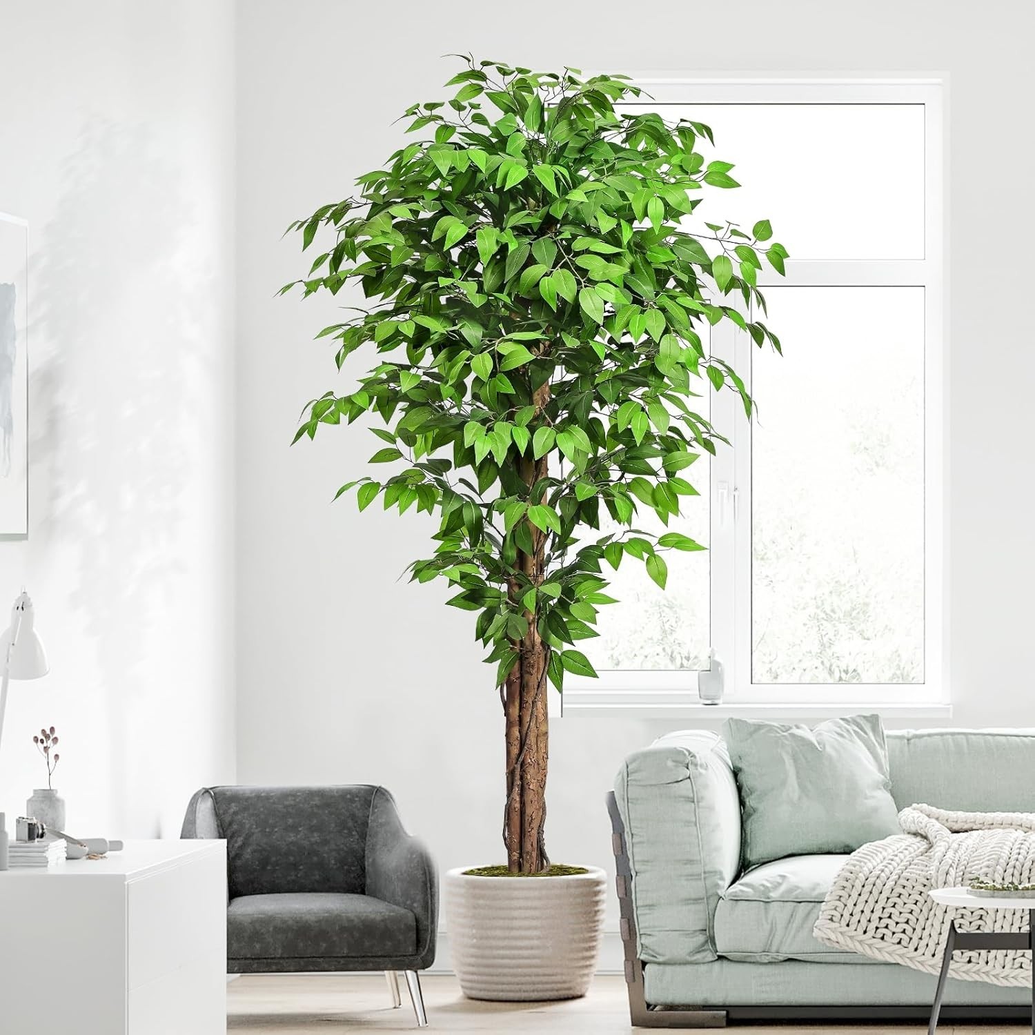 6.2ft Ficus Artificial Trees with 3 Natural Curved Trunks, 74″ Tall Lush Faux…