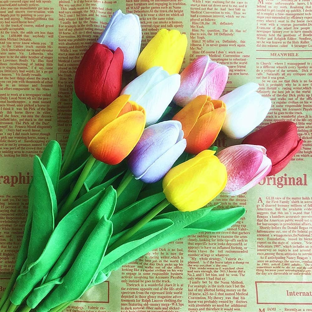 Artificial Tulips 12Pcs Real Touch Fake Tulips PU Flower Arrangement Bouquets…