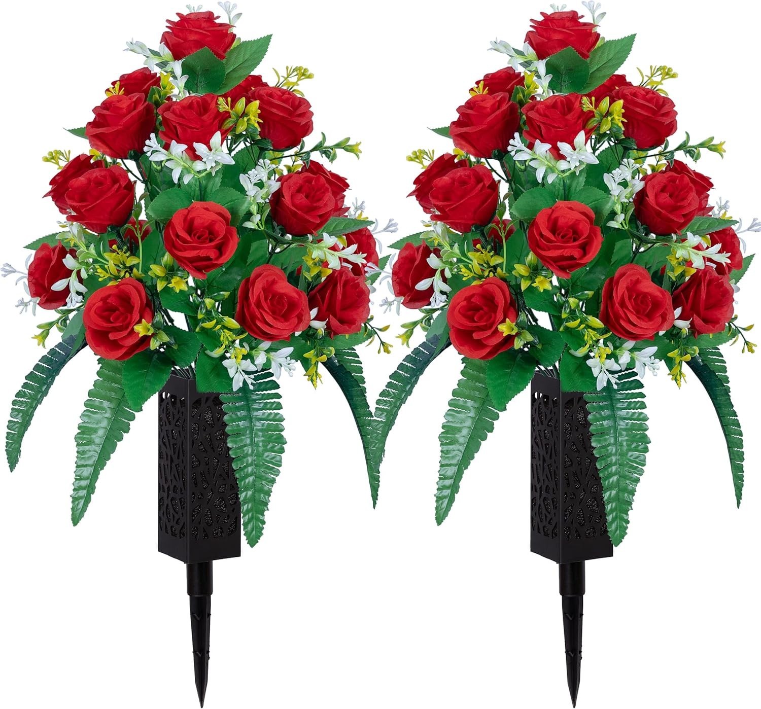 2 Sets of Artificial Cemetery Flowers， Outdoor Grave Decorations Roses，Accomp…