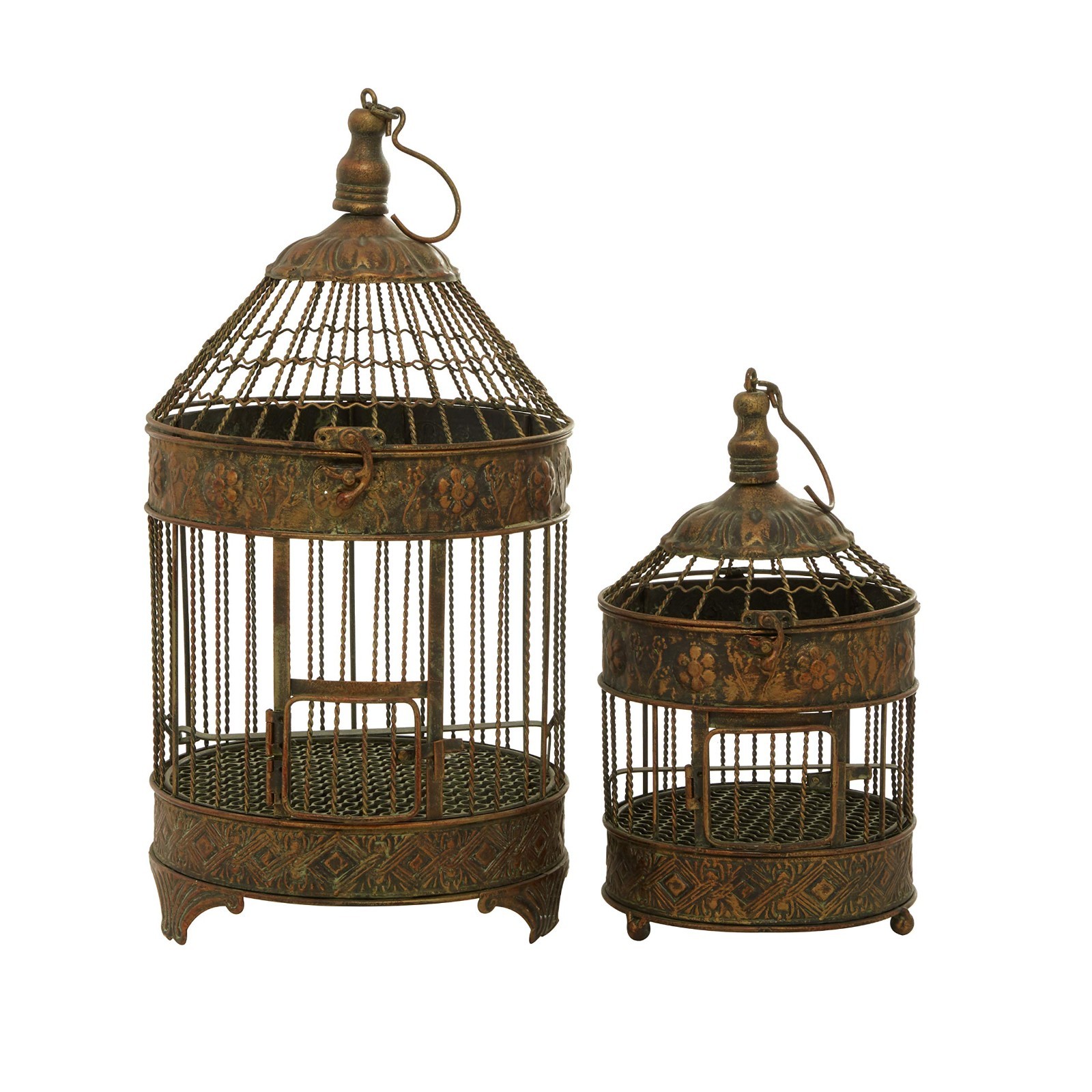 Antique Metal Floral Birdcage Set of 2 – Twisted Rod, Latch Closure, Hanging Hoo