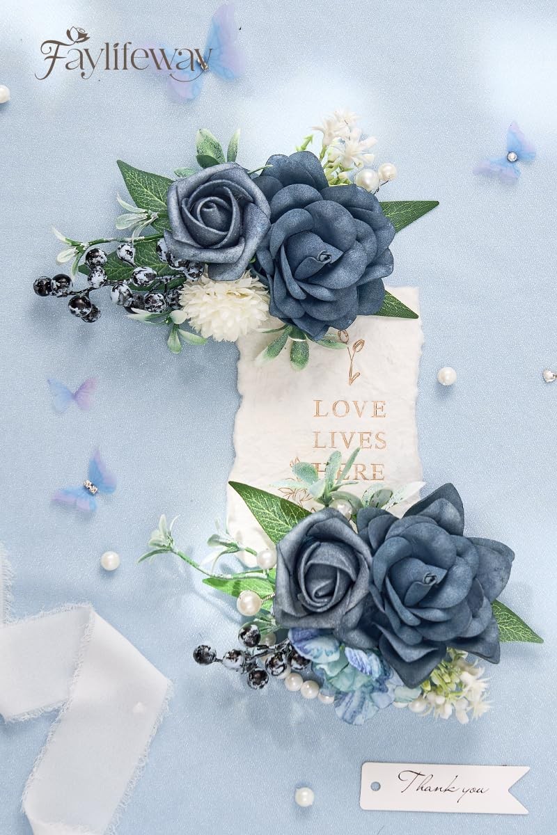 Blue Rose Corsage Boutonniere Set Prom Flower Wrist Wedding Artificial Decor