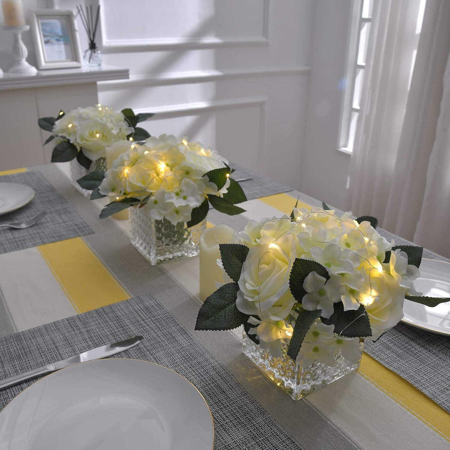 Artificial Silk Rose Flower Centerpiece Arrangement in Glass Vase with LED Light