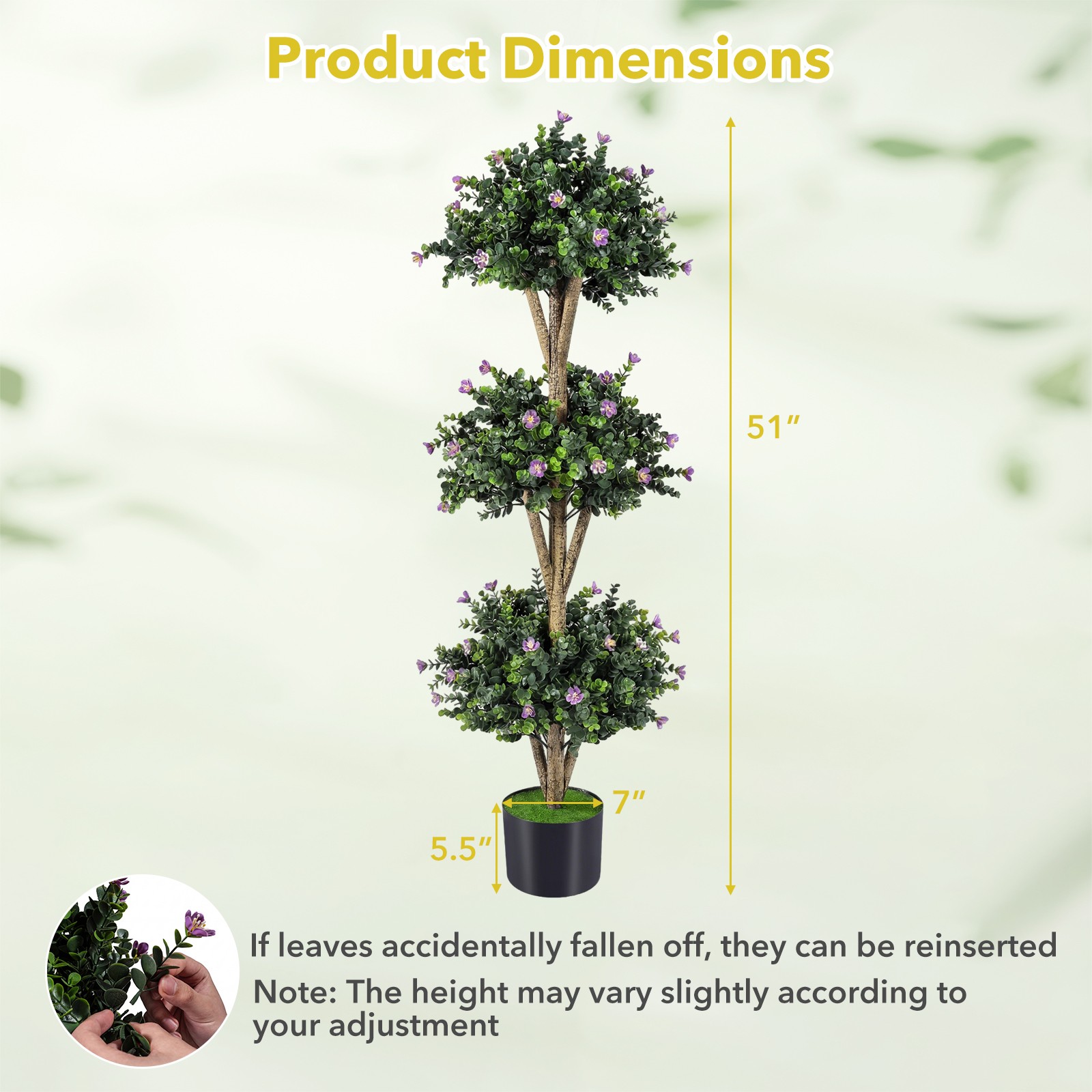 51” Artificial Triple Ball Boxwood Topiary Tree with 59 Blossoms for Porch Home