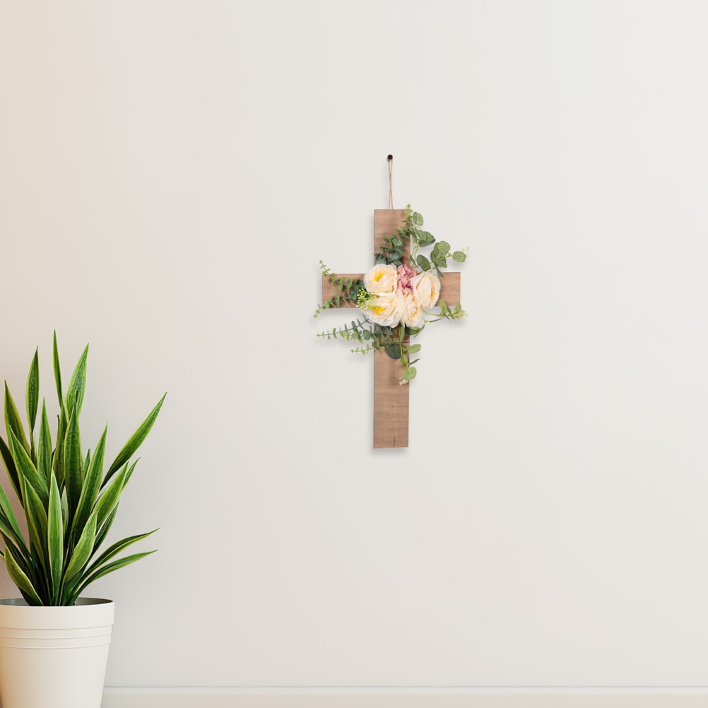 Decorative Wood Cross Wall Hanging with Beige Artificial Flowers Matte Finish