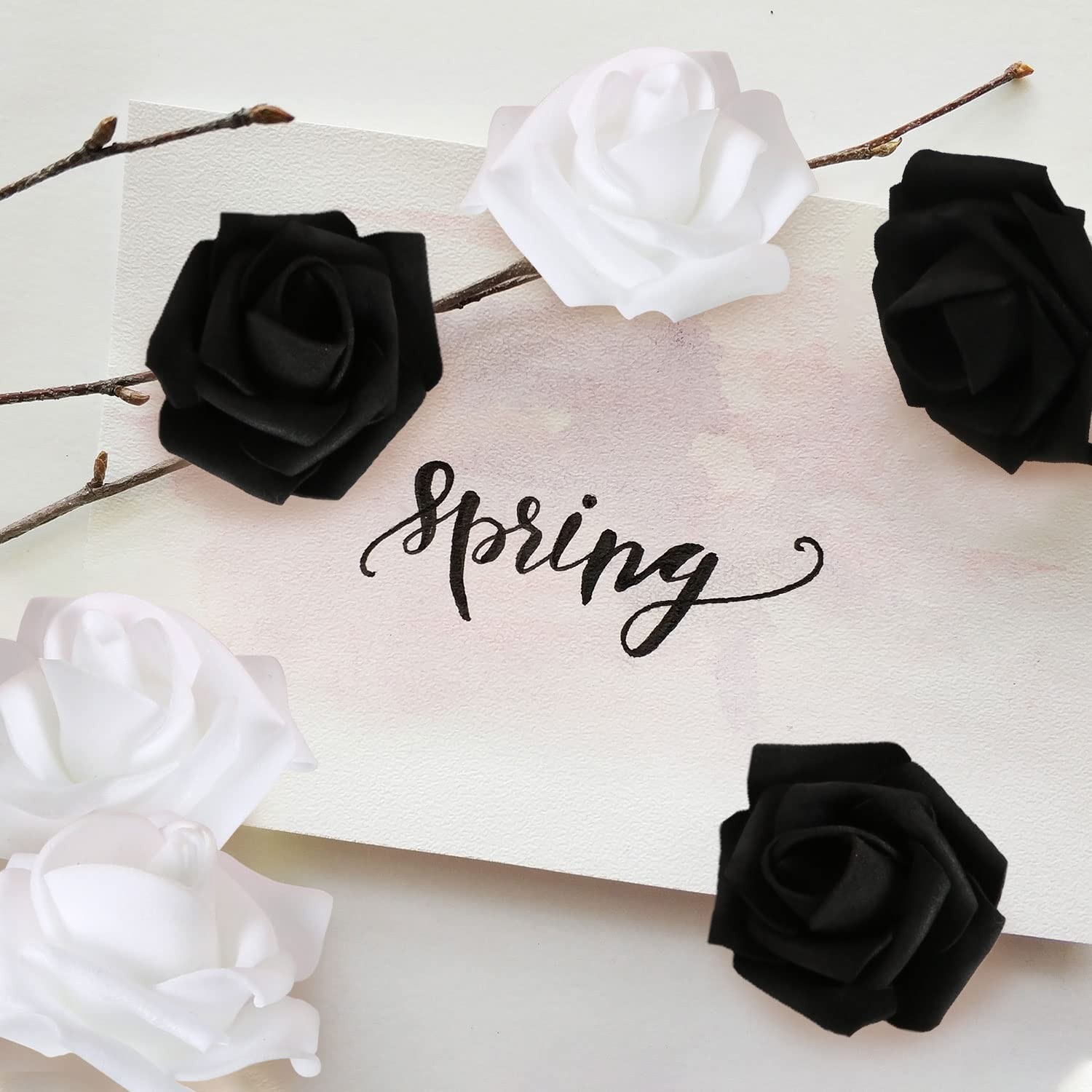 200 PCS Foam Roses Flower Heads 1.97 Inch Black and White Fake Wedding Decor
