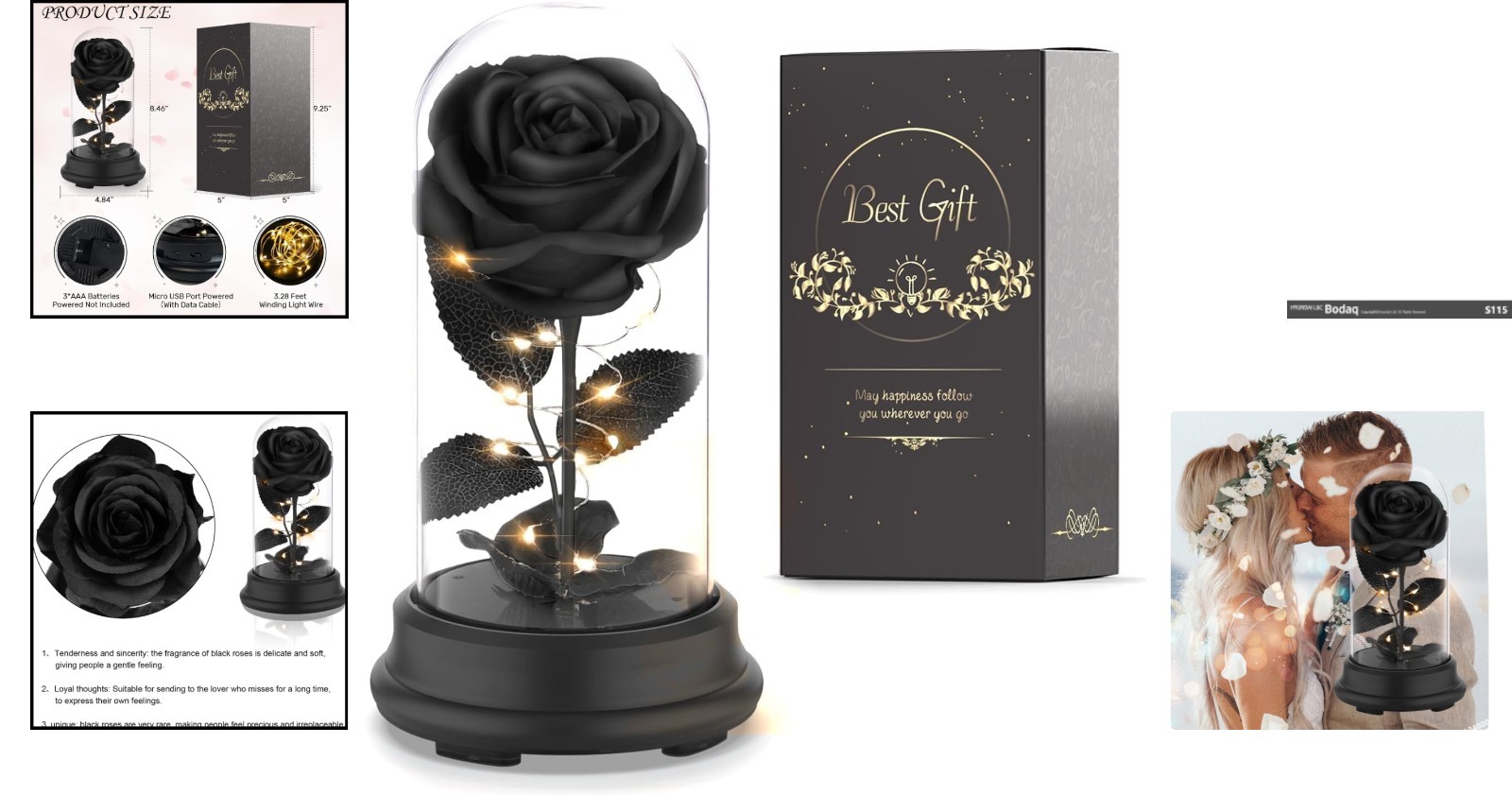 Unique Floral Gift – Light-Up Black Rose in Dome for Birthdays & Anniversaries