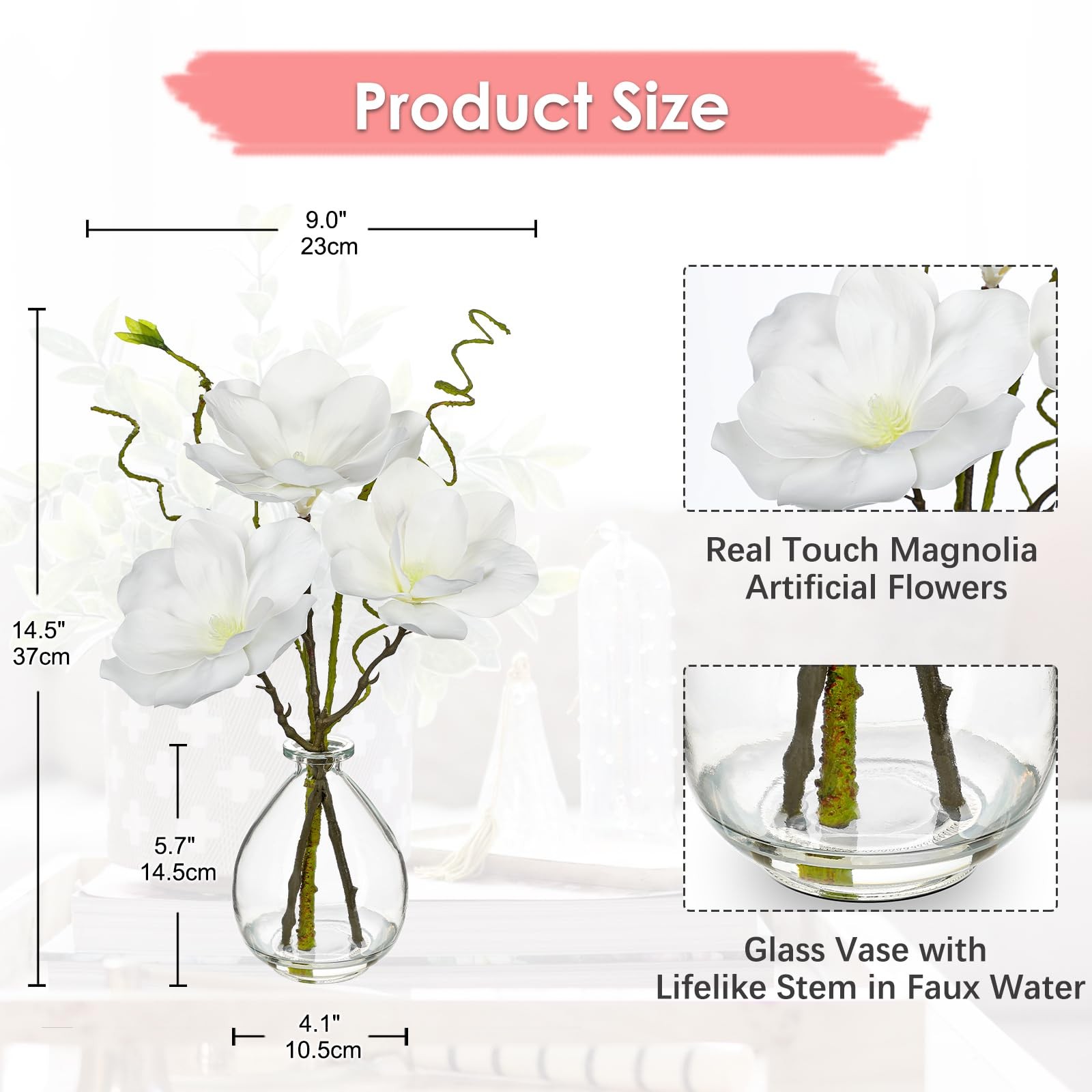 DILATATA Faux Flowers in Vase 14.5″ Magnolias Flowers Arrangement with Faux W…