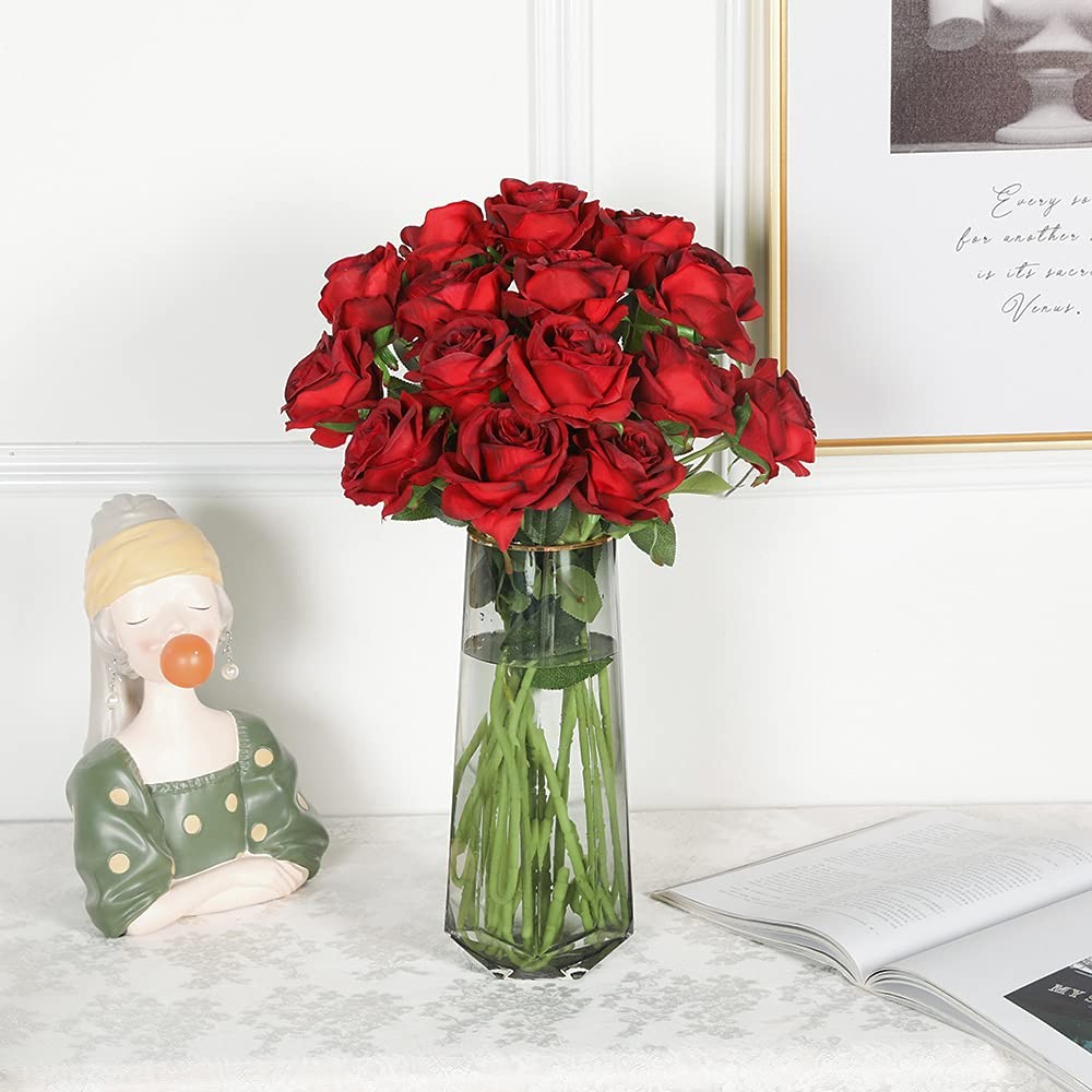 10 PCS Gradient Burgundy Red Artificial Silk Roses Real Touch Bridal Floral