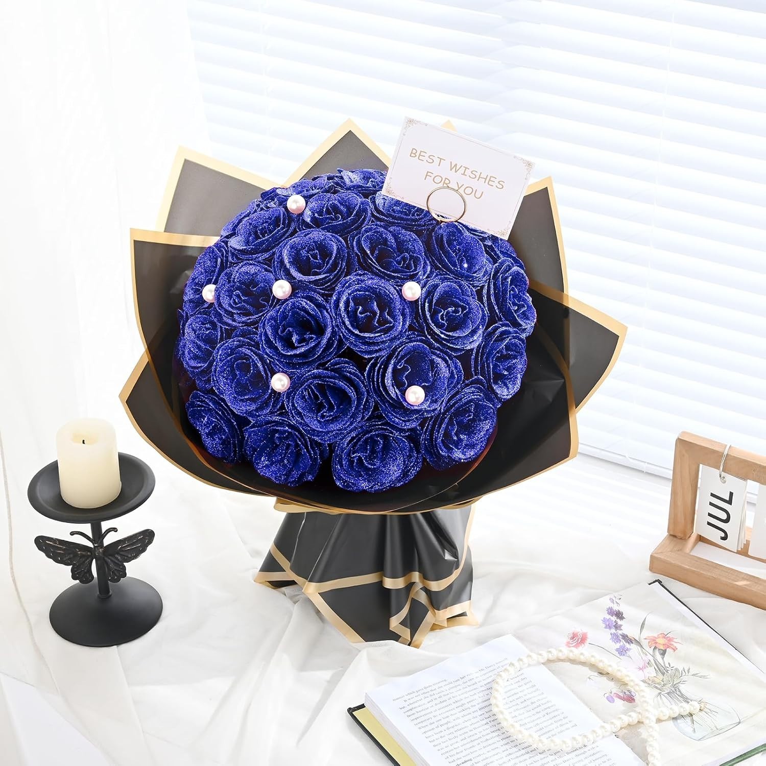Blue Glitter Roses Bouquet, DIY Fake Flowers Bouquet, Everlasting Shiny Artifici