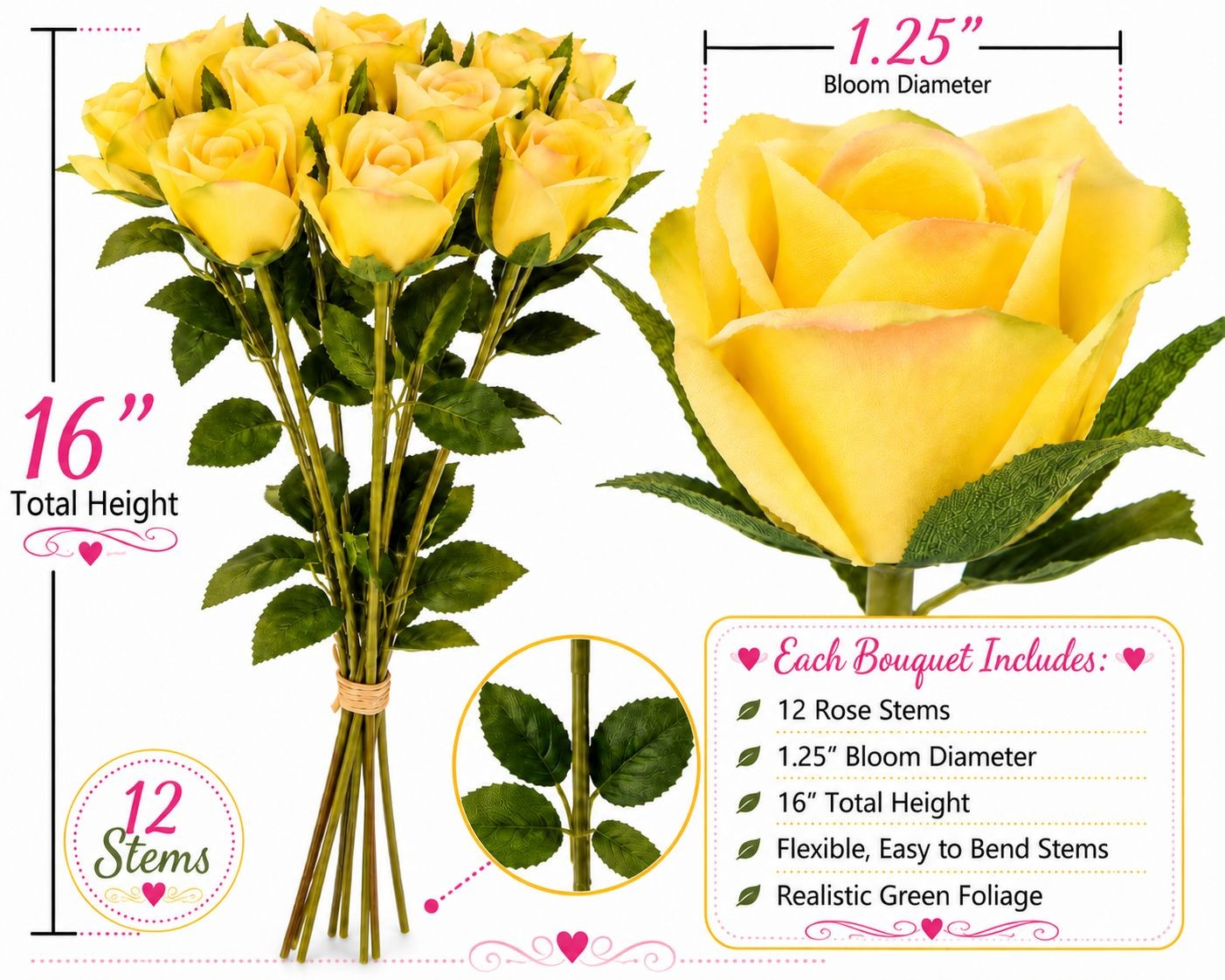 Yellow Artificial Roses 12 Stems Faux Silk Rose Bouquet Small Roses Wedding Flow
