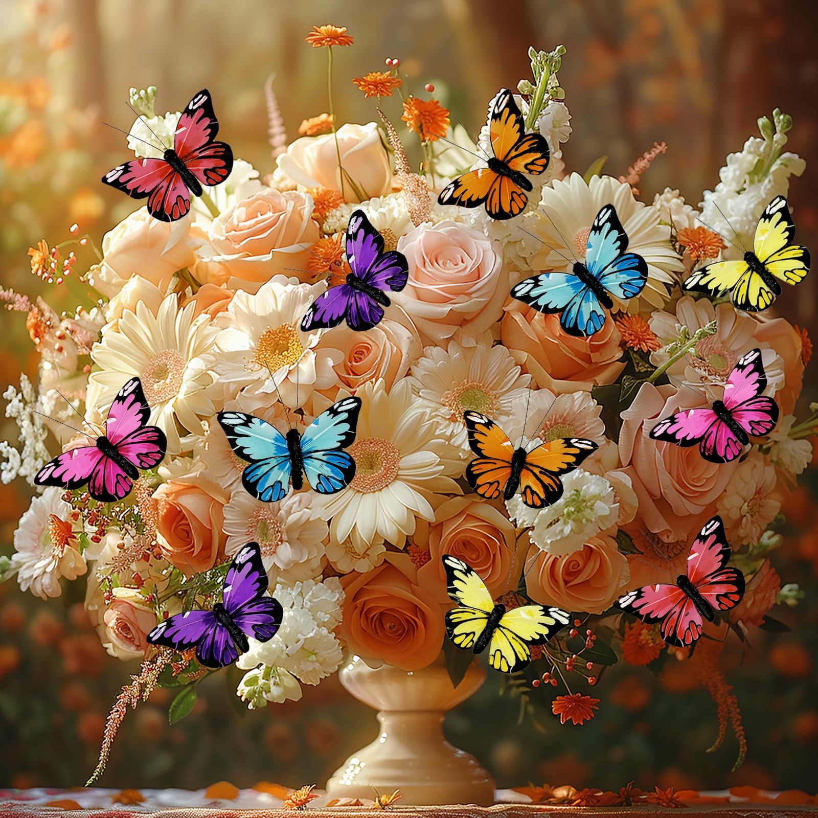 12 Pcs Artificial Feather Butterfly Clip On Ornaments for Wedding Bouquet
