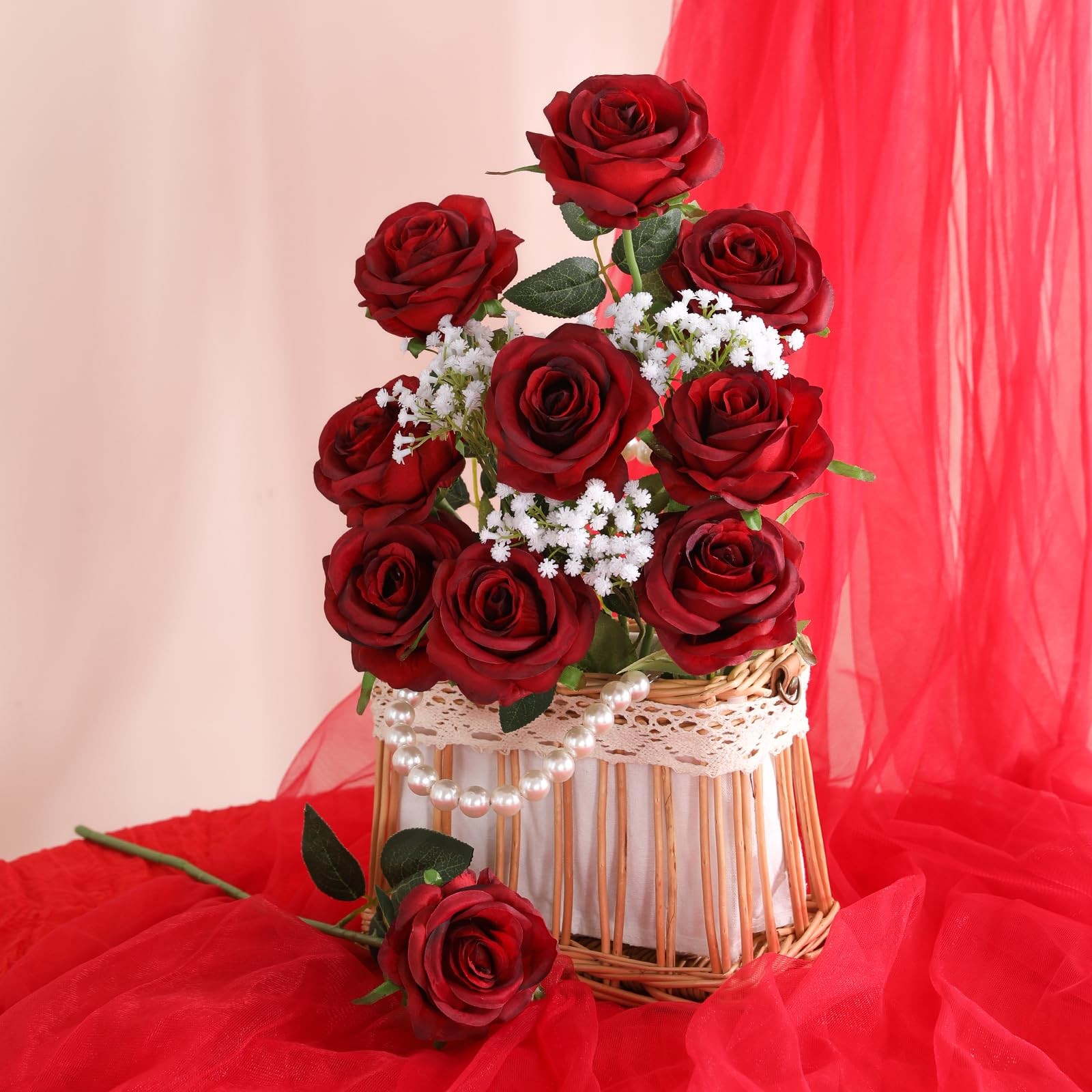 10 PCS Gradient Burgundy Red Artificial Silk Roses Real Touch Bridal Floral