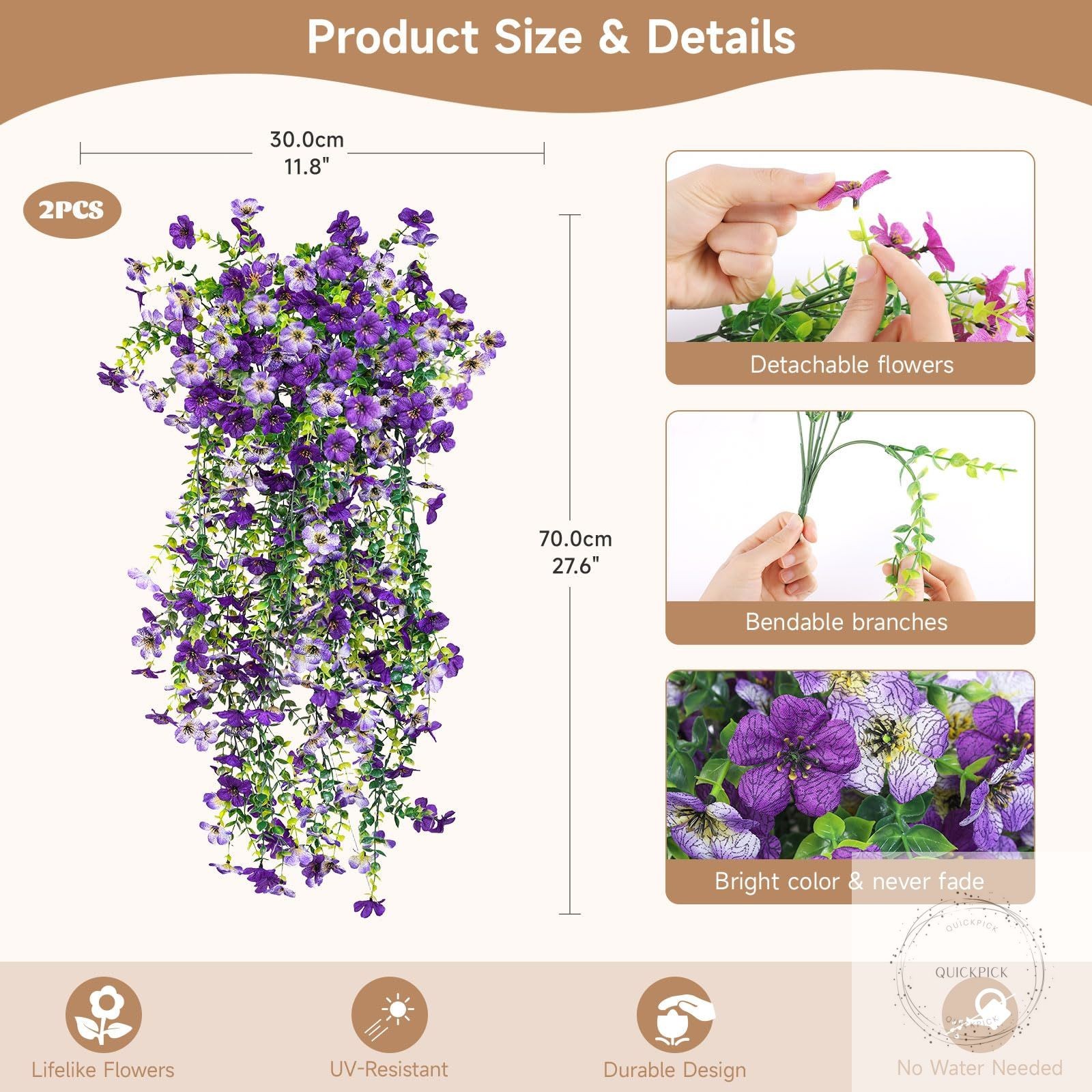 Artificial Hanging Flowers for Outdoors Faux Plants Spring Porch Decor, 2 Pcs