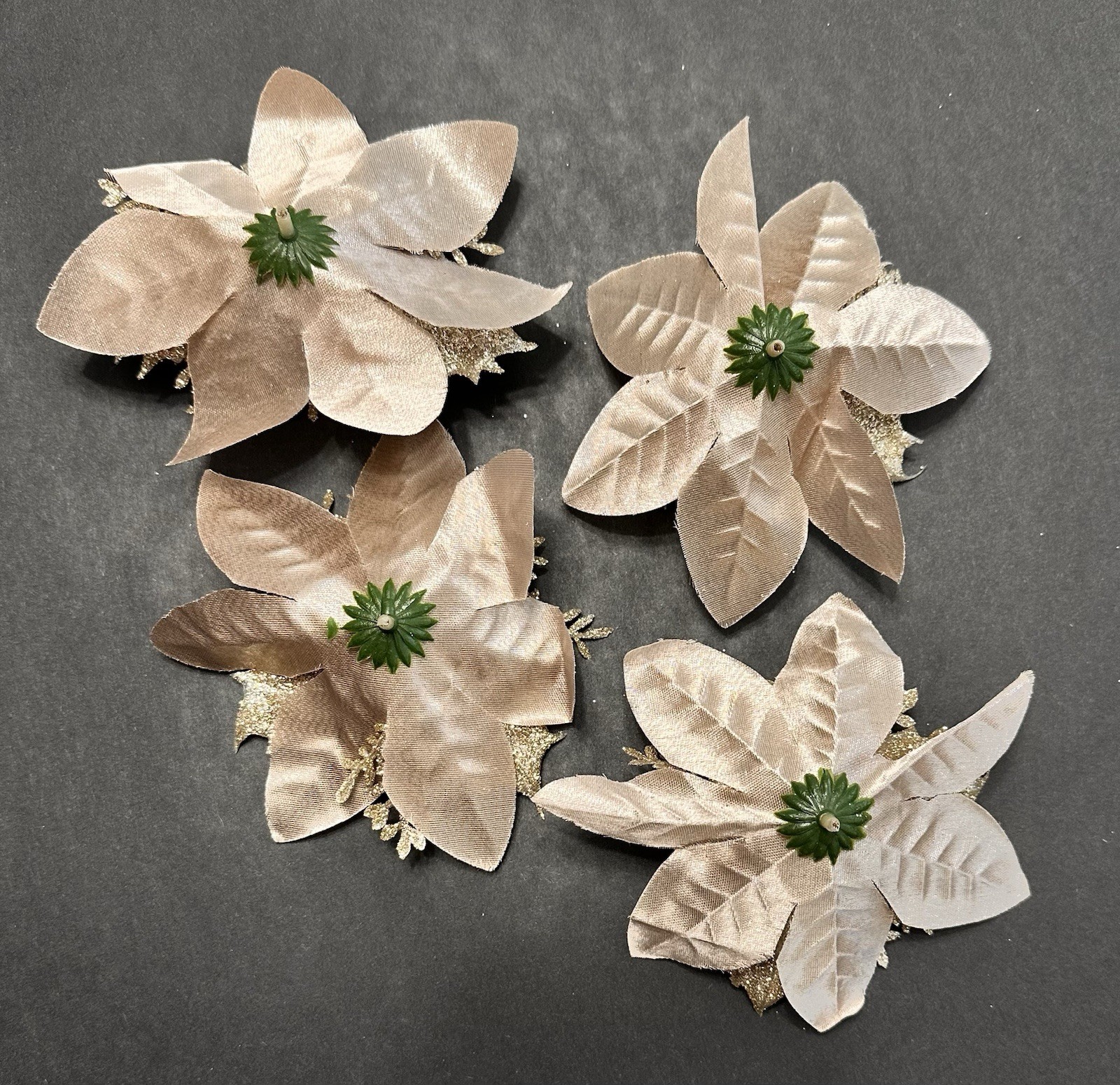 18 Champagne Tinted Glitter Christmas Accents Poinsettias Butterflies & Clips