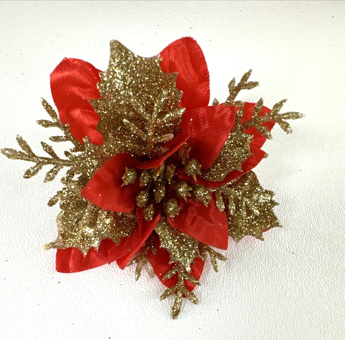 36 Christmas Poinsettia Red Gold-Tone Fabric Flowers & Add On Clips 2″-5″