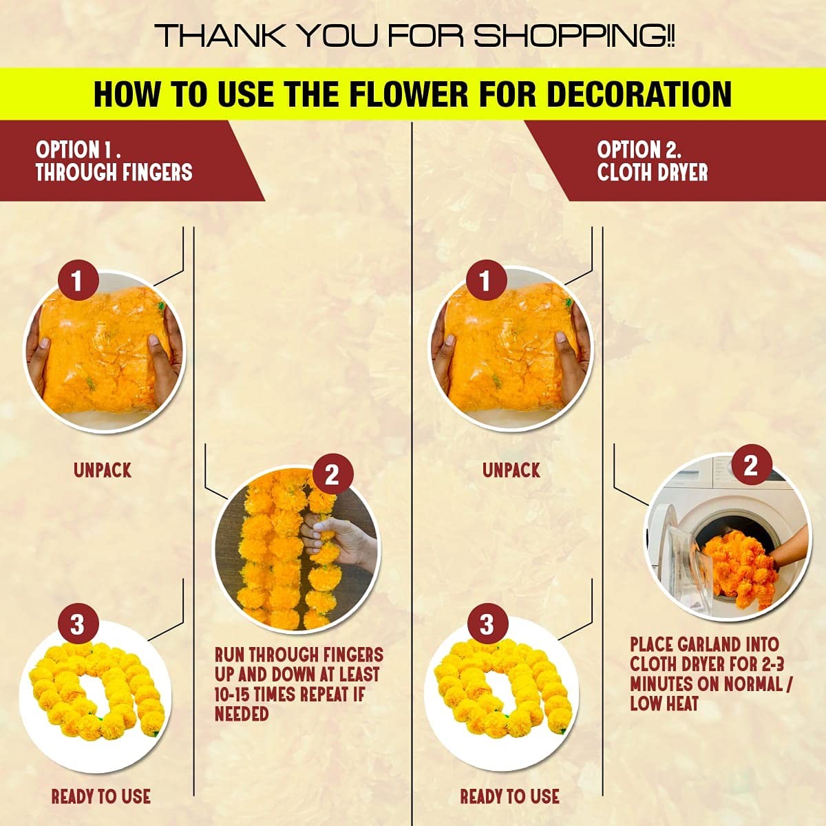 5 PC – 5 feet Marigold Garland |Indian/Wedding Party Mantle Decoration, Faux …