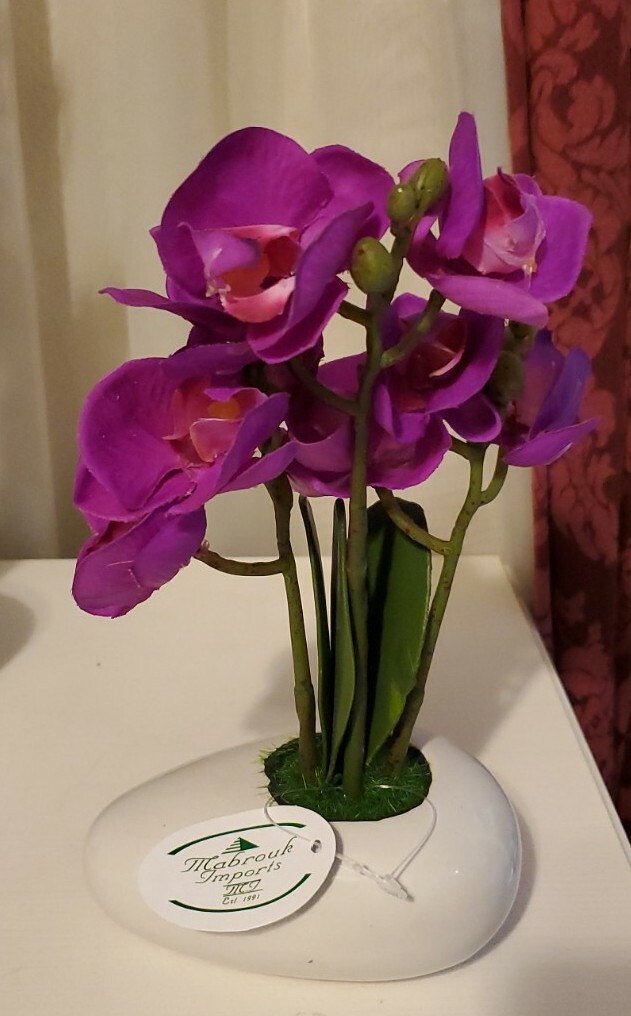 5″ × 3″ Ceramic Vase 9″ Artificial Orchids w 8 dark pink flowers, very realistic