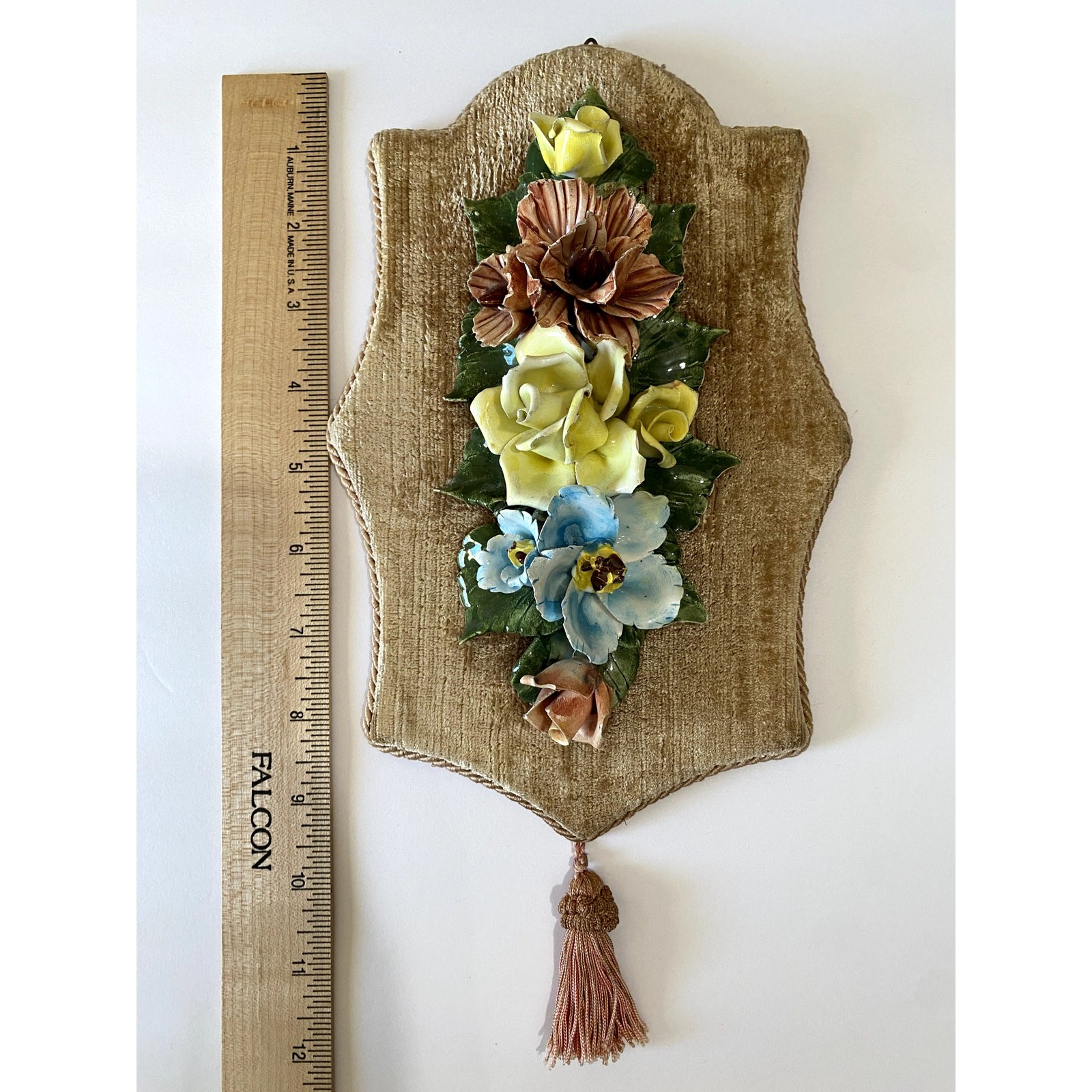 Capodimonte Floral Wall Plaque Porcelain Italy 1960s Velvet Back Tassel 12”