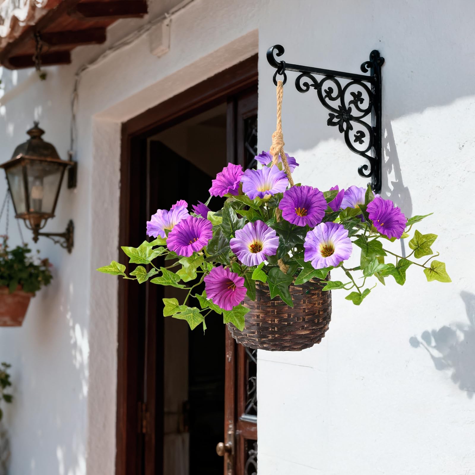 2 Set Artificial Outdoor Flowers with Hanging Basket, 2 Hanging Planters Faux…