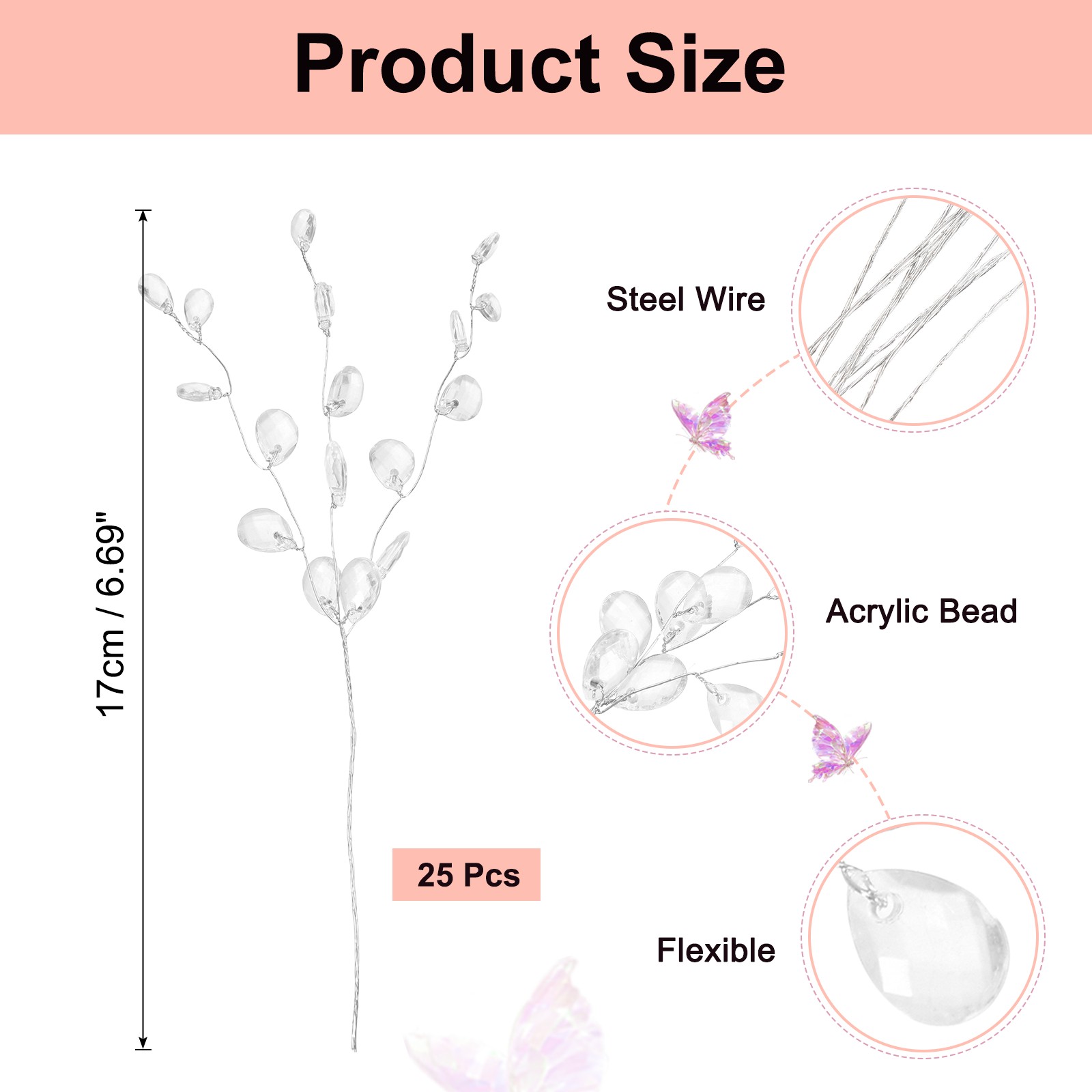 25 Pcs Acrylic Crystal Flower, Floral Picks Acrylic Bead Drops, White