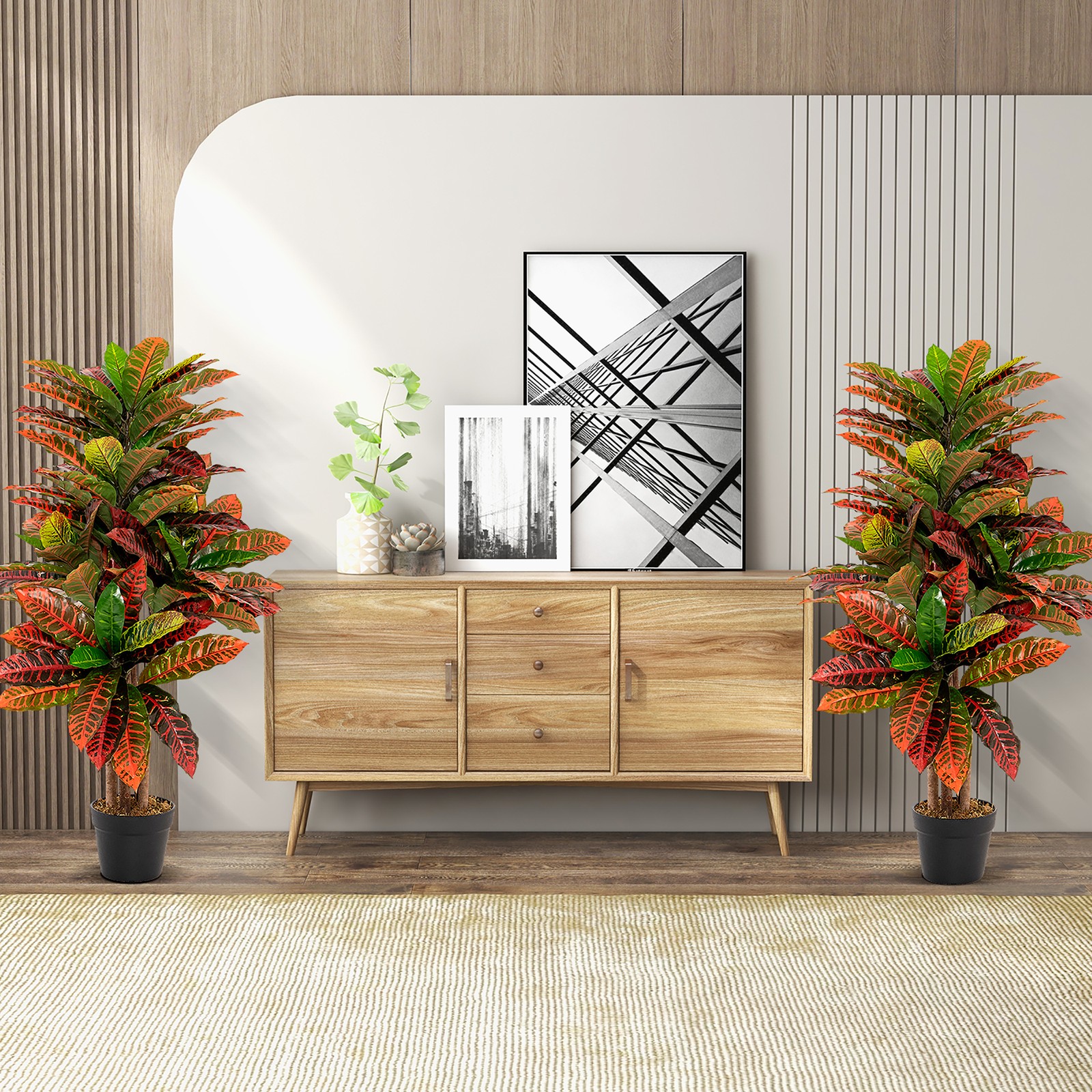 40” Tall Artificial Croton Plant w/ Colorful Variegated Leaves & Natural Wood