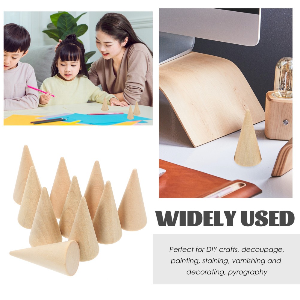 10Pcs DIY Craft Cones Wooden Beige Unpainted Ornament Ring Holder Stand