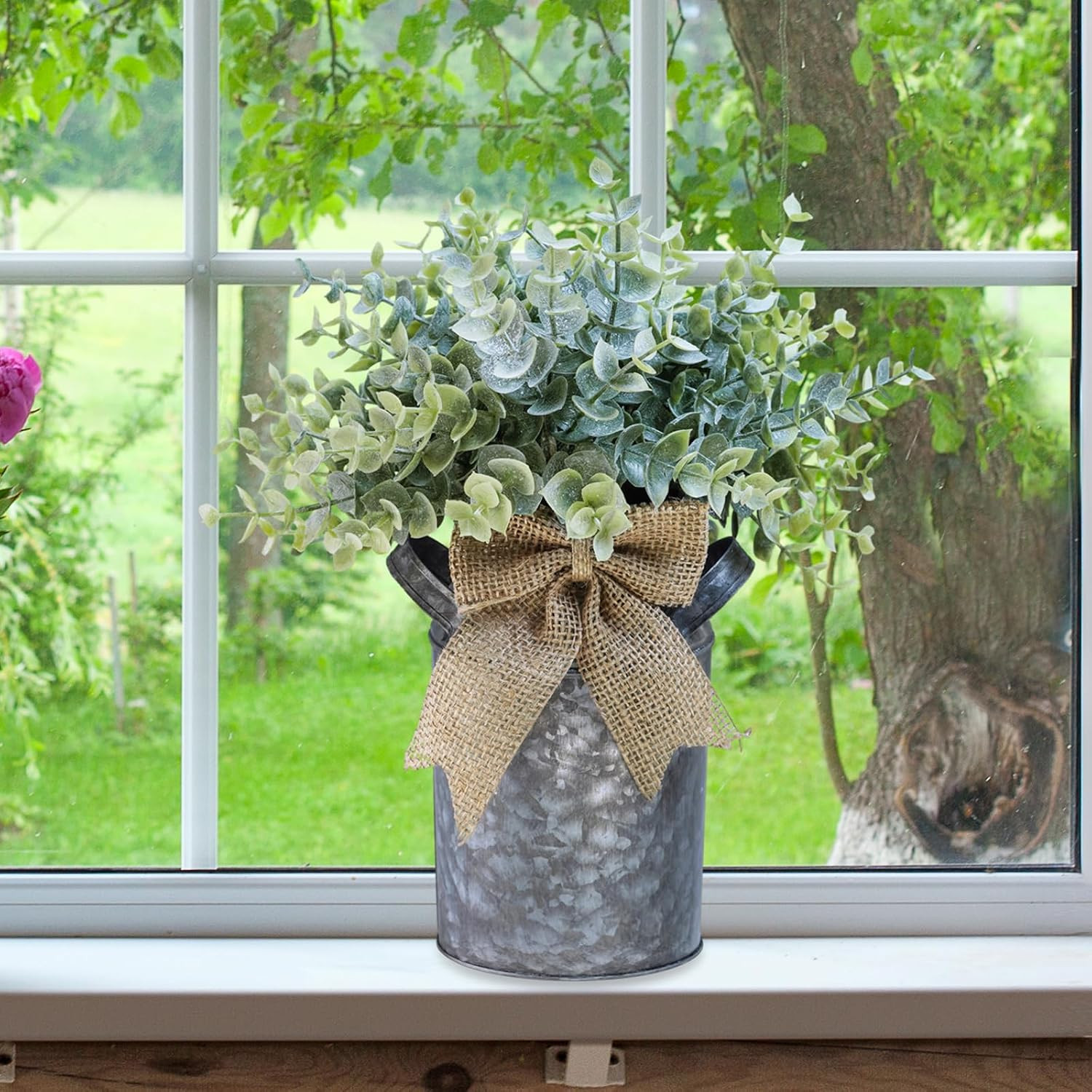 Set of 1 Farmhouse Faux Eucalyptus Arrangement Centerpiece Rustic Galvanized Met