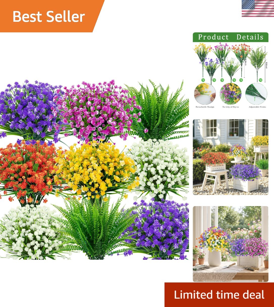 24 Mixed Color Artificial Flowers with Boston Fern for Indoor/Outdoor Spaces