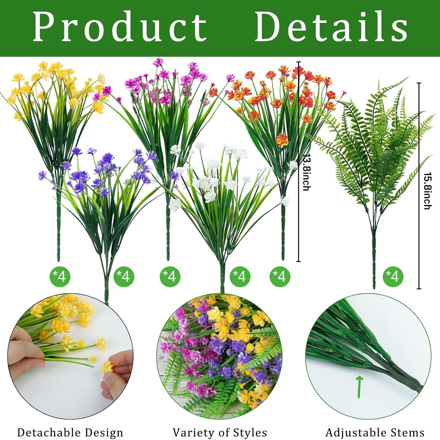 12 Bundles of UV Resistant Mixed Color Artificial Flowers & Boston Ferns Delight