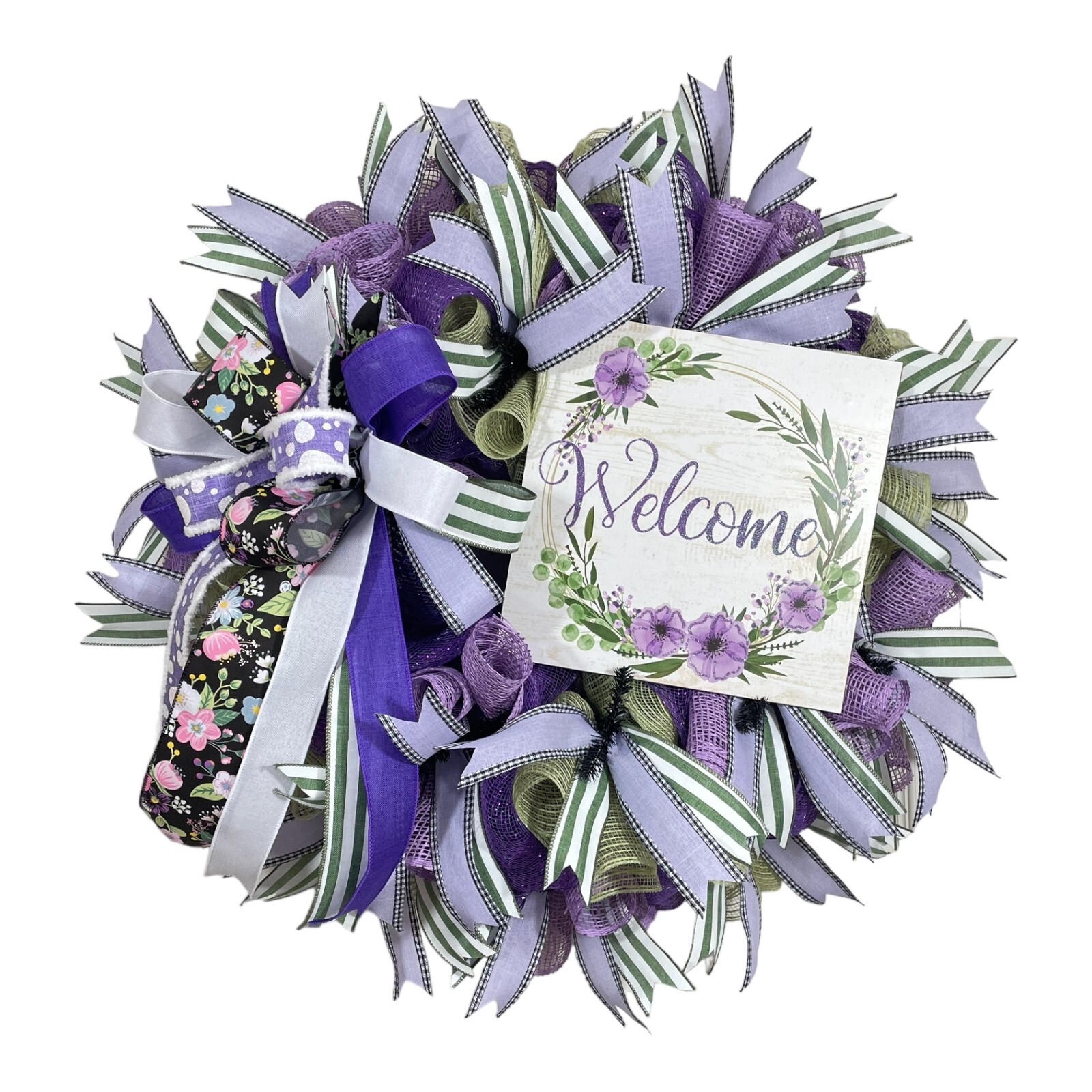 High-End Purple “Welcome” Door Wreath, 24″ diameter with 10″x10″ wood sign