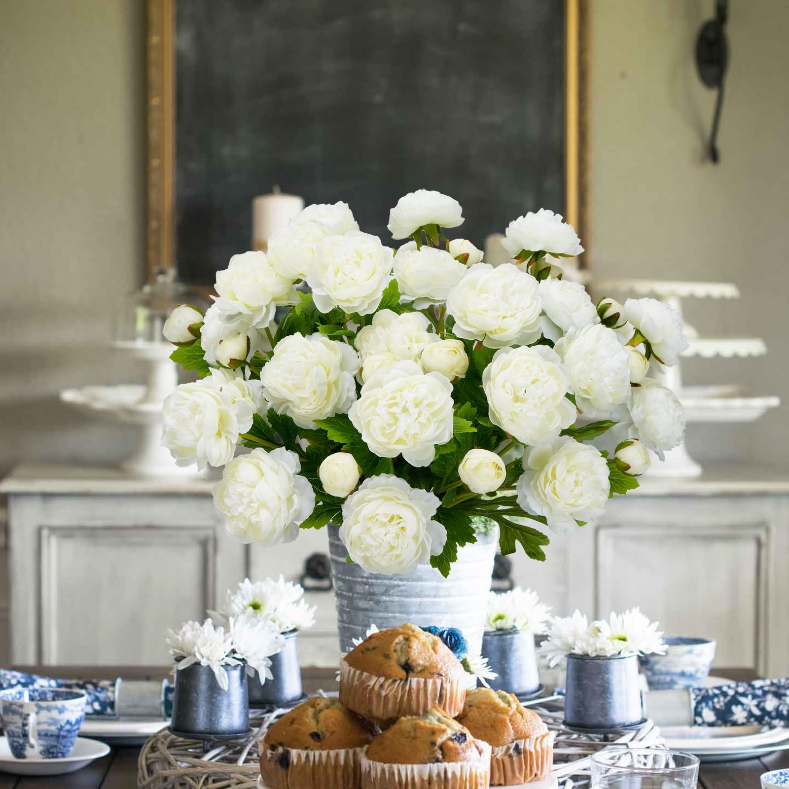 12PCS Ranunculus Artificial Flowers, Faux Flowers for Vase, White, 19.6”